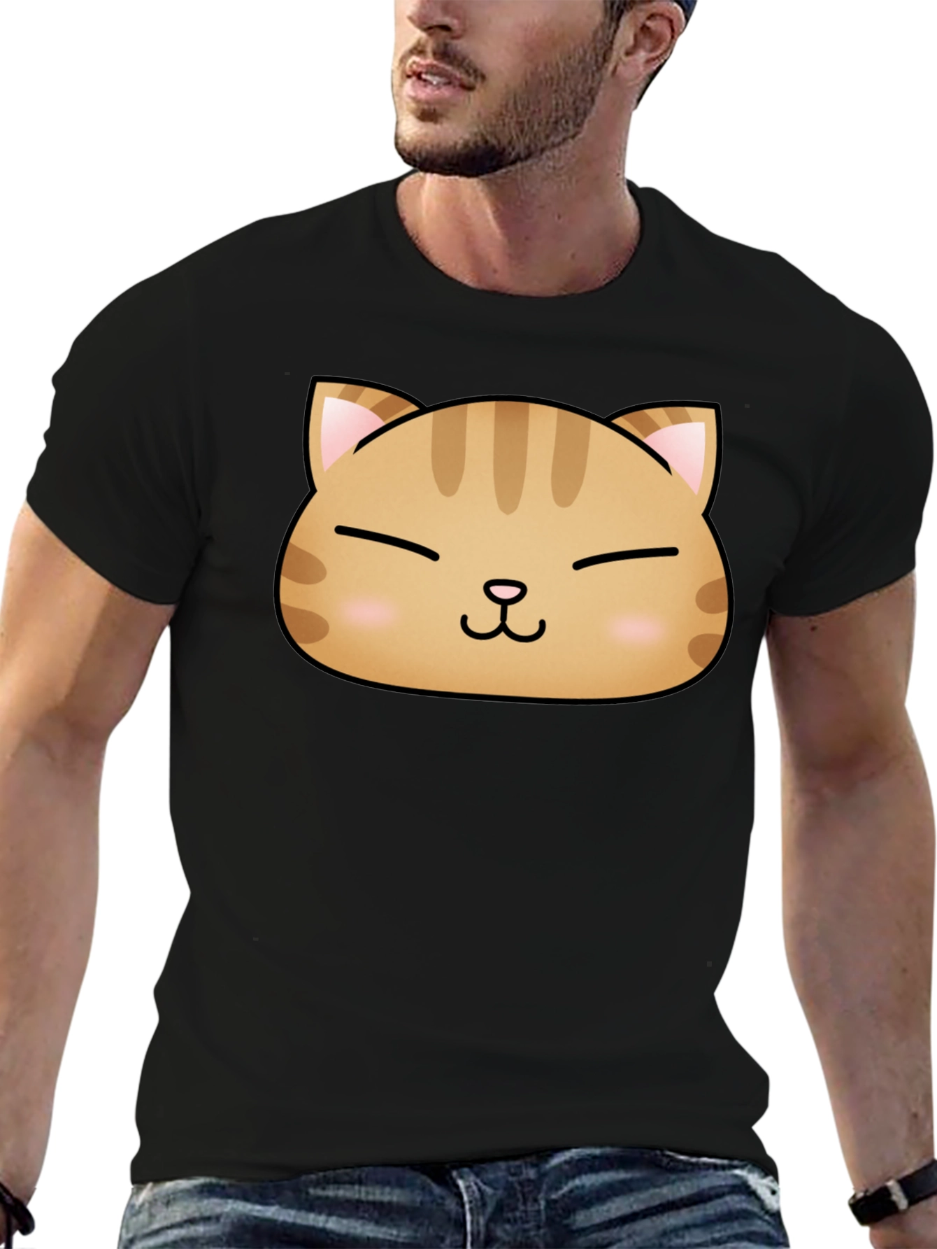 Black Cute Cat Face Graphic Print Black T-Shirt view 6