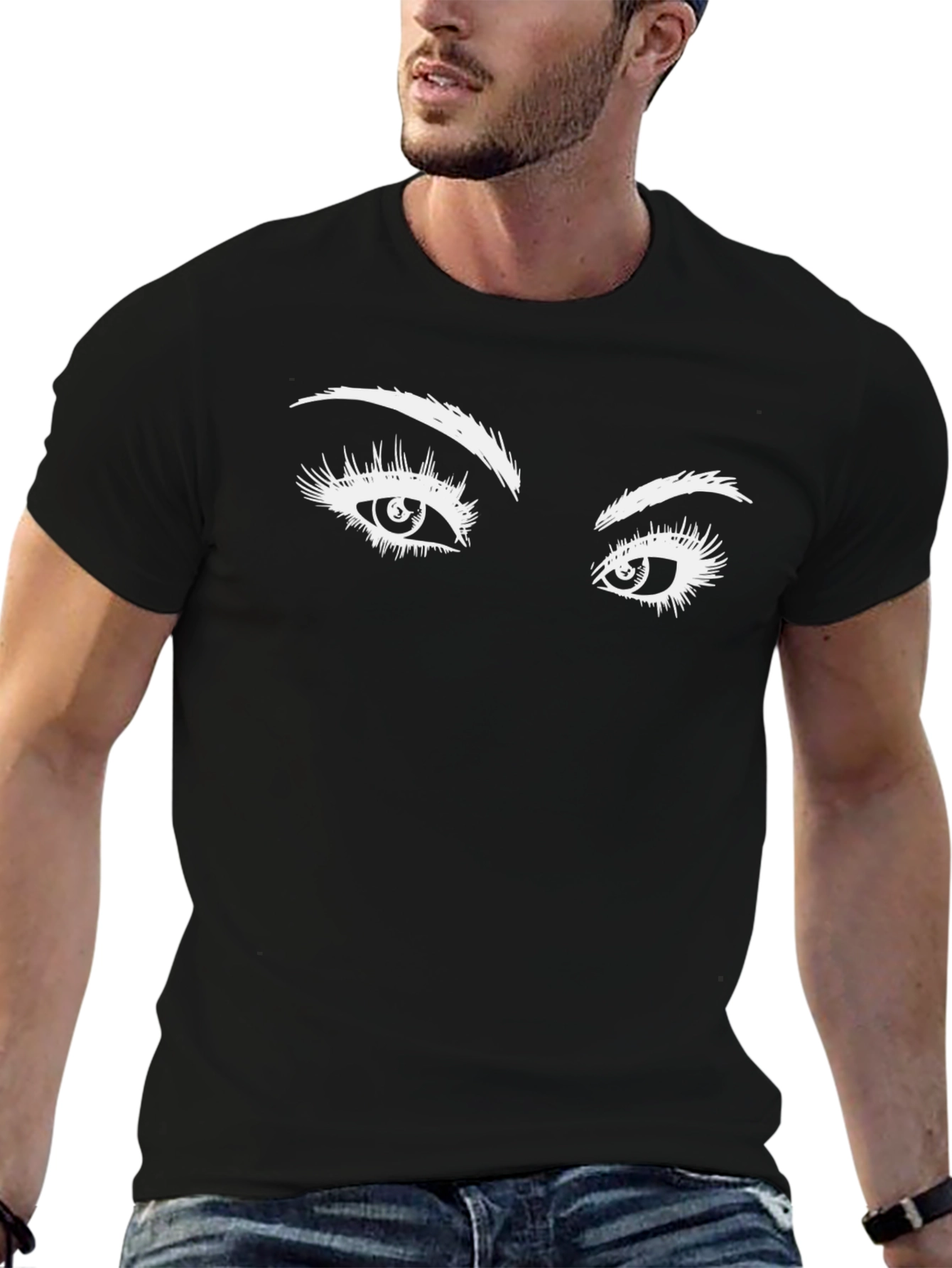 Black Expressive Eyes Graphic Tee - Black Cotton T-Shirt view 6