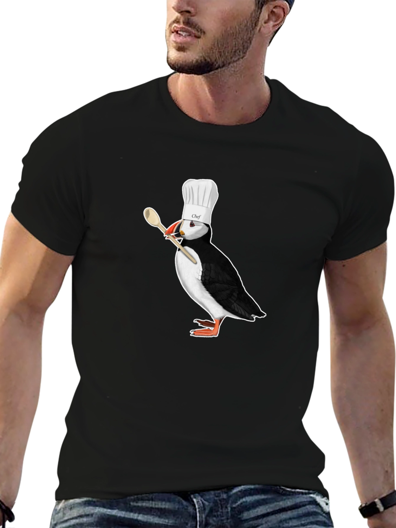 Black Chef Puffin T-Shirt - Black Cotton Tee view 6
