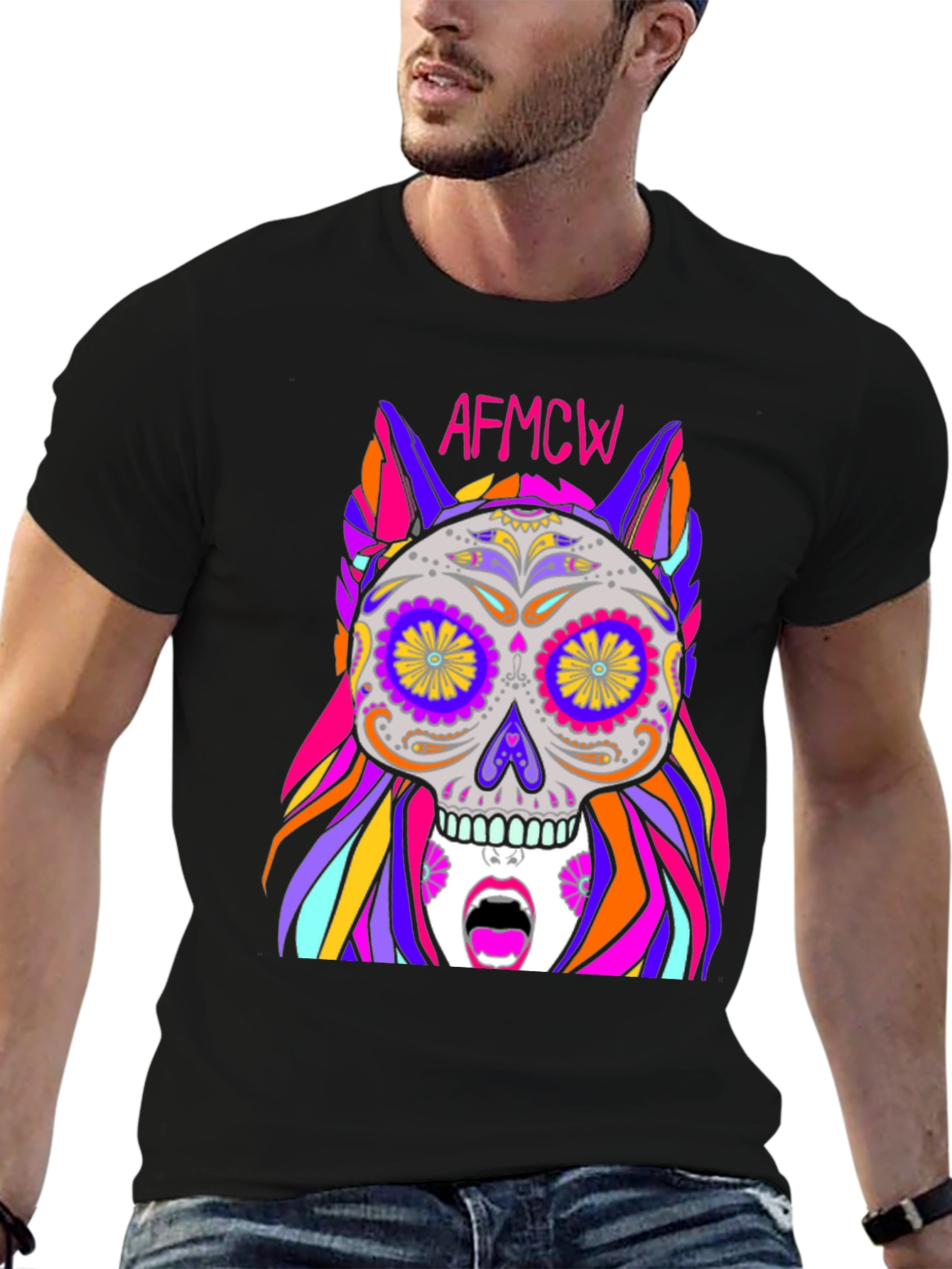 Black Colorful Sugar Skull Graphic Tee - Unique Design view 6