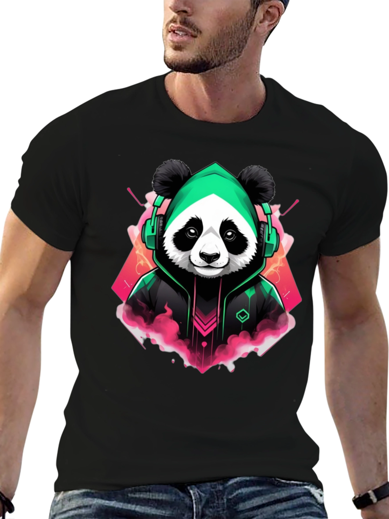 Black Cool Panda Gamer Graphic Tee - Black Cotton Blend view 6