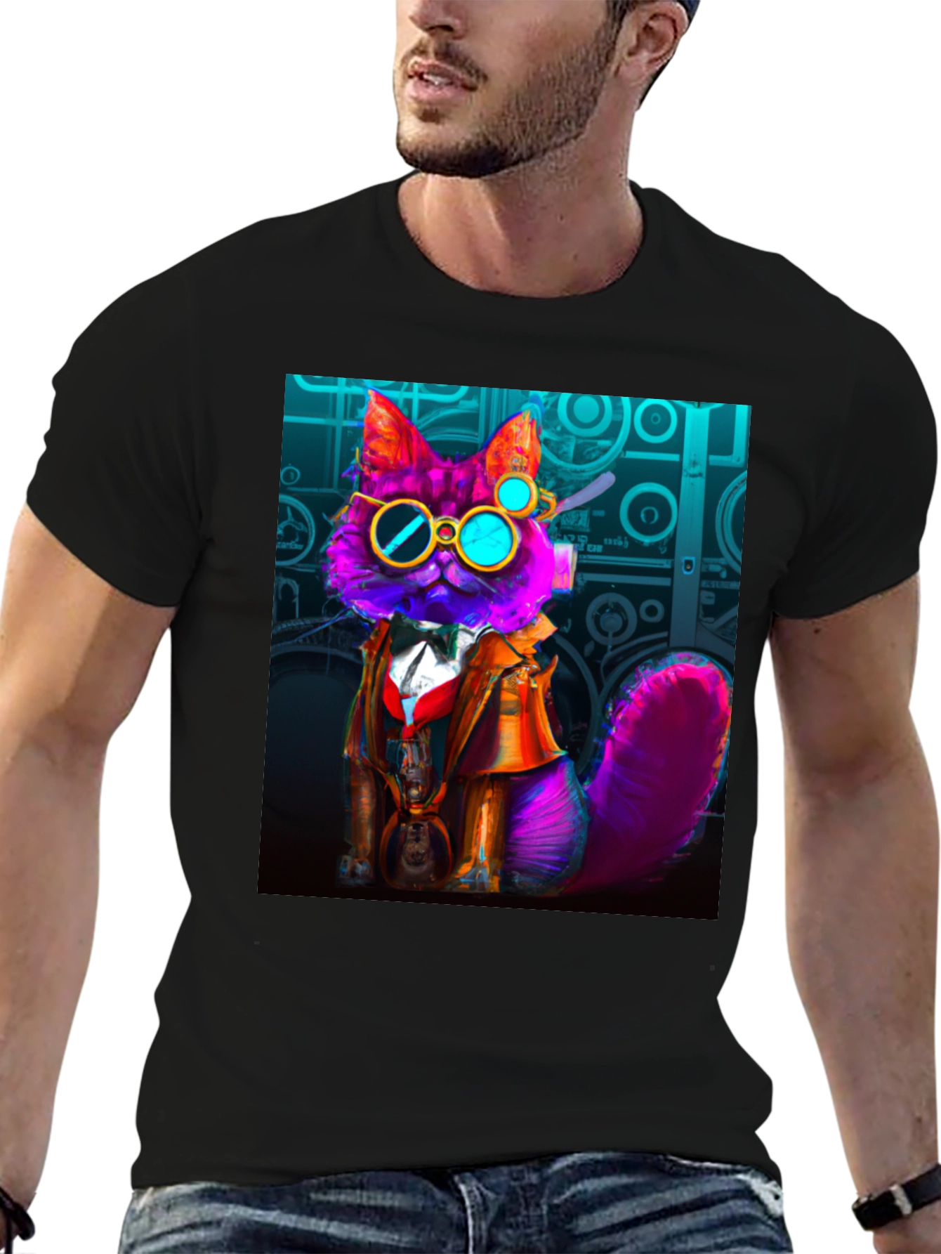 Black Steampunk Cat T-Shirt - Whimsical Fashion view 6