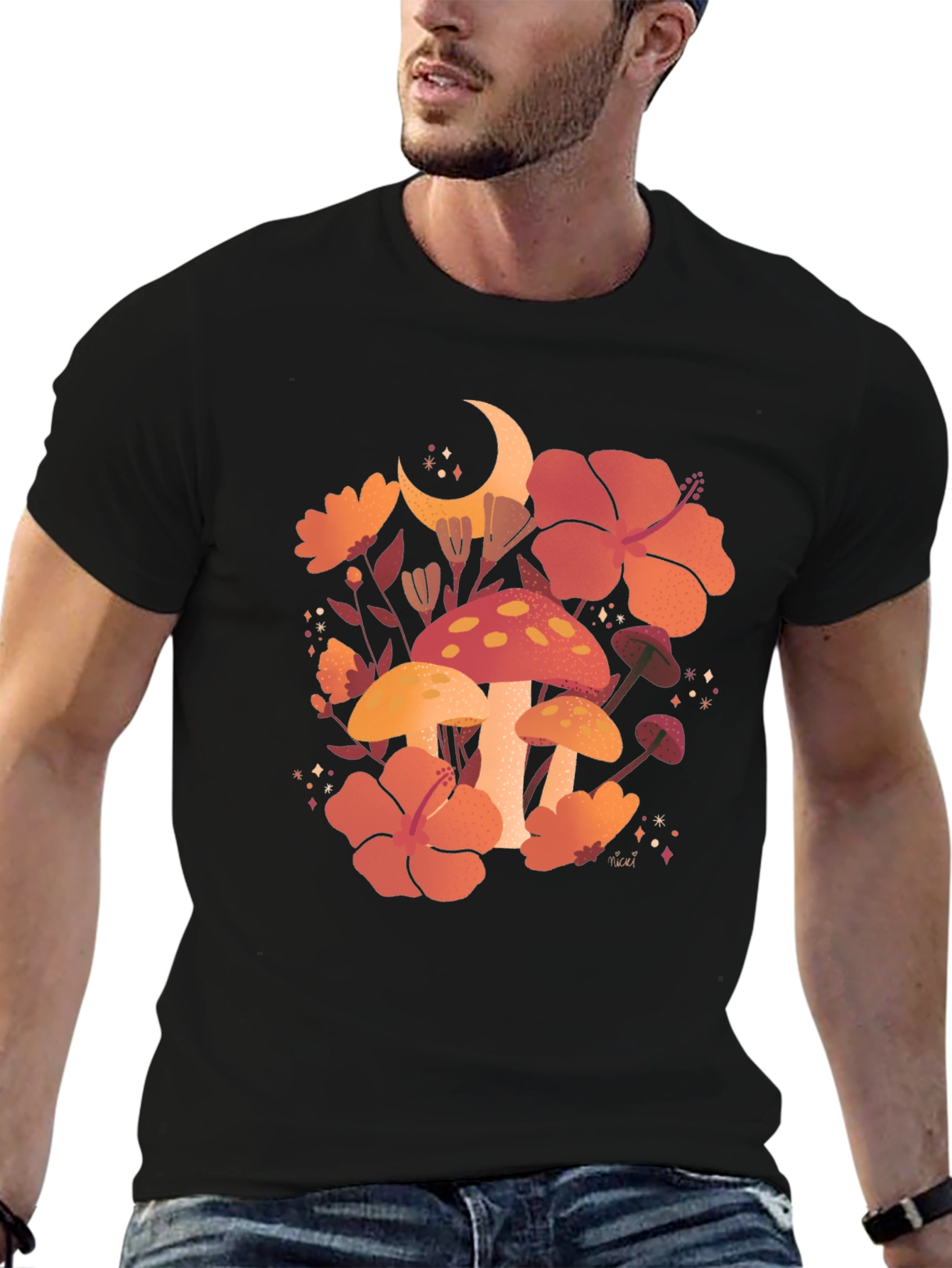 Black Mushroom Moon T-Shirt, Floral Graphic Tee view 6