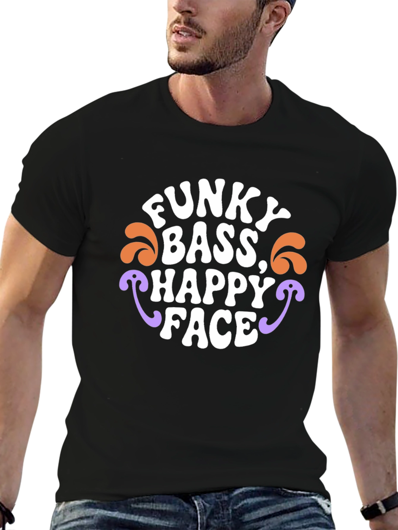 Black Funky Bass Happy Face Graphic Tee - Retro Style view 6