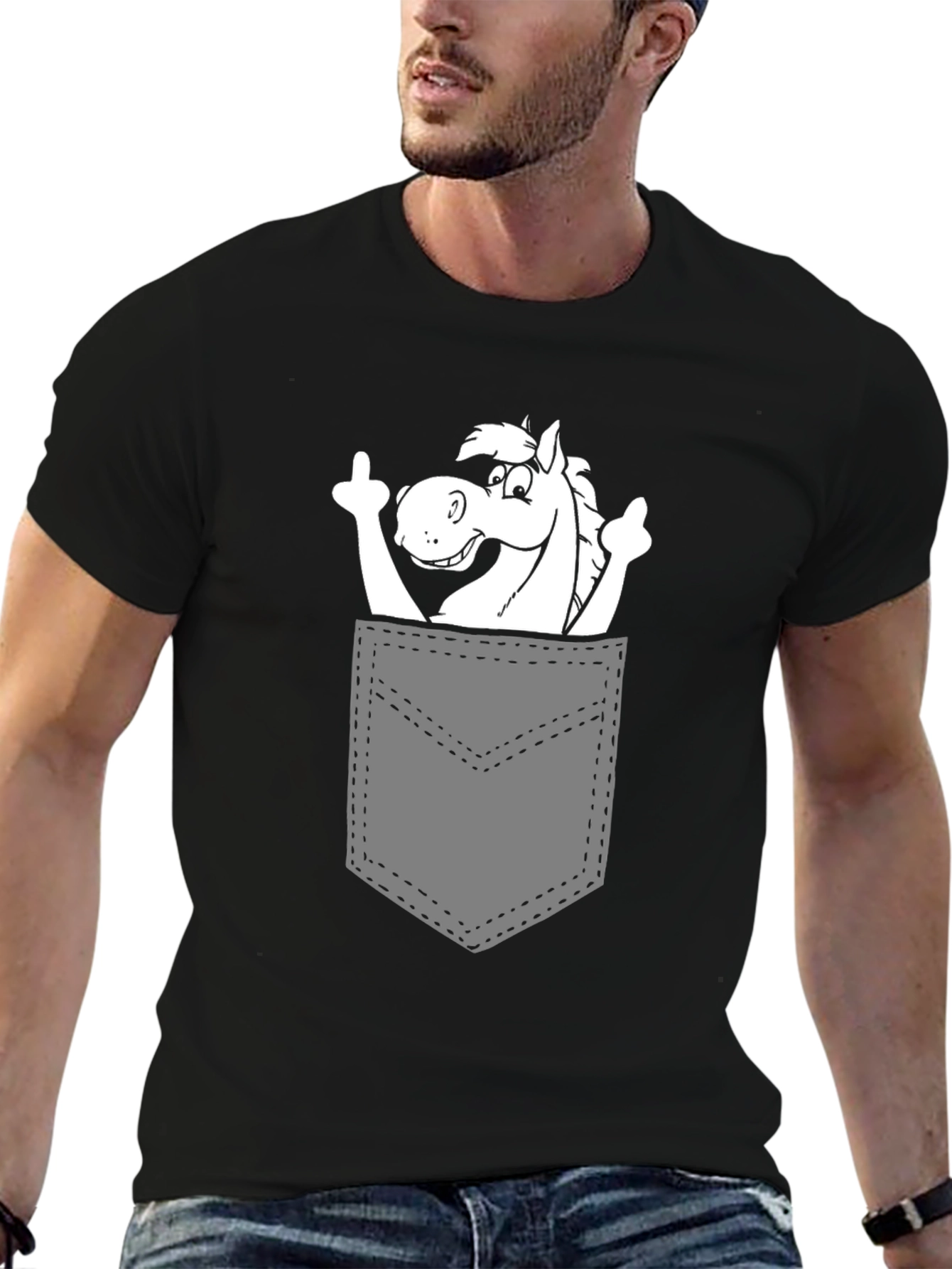 Black Horse in Pocket Graphic Tee - Quirky Black T-Shirt view 6