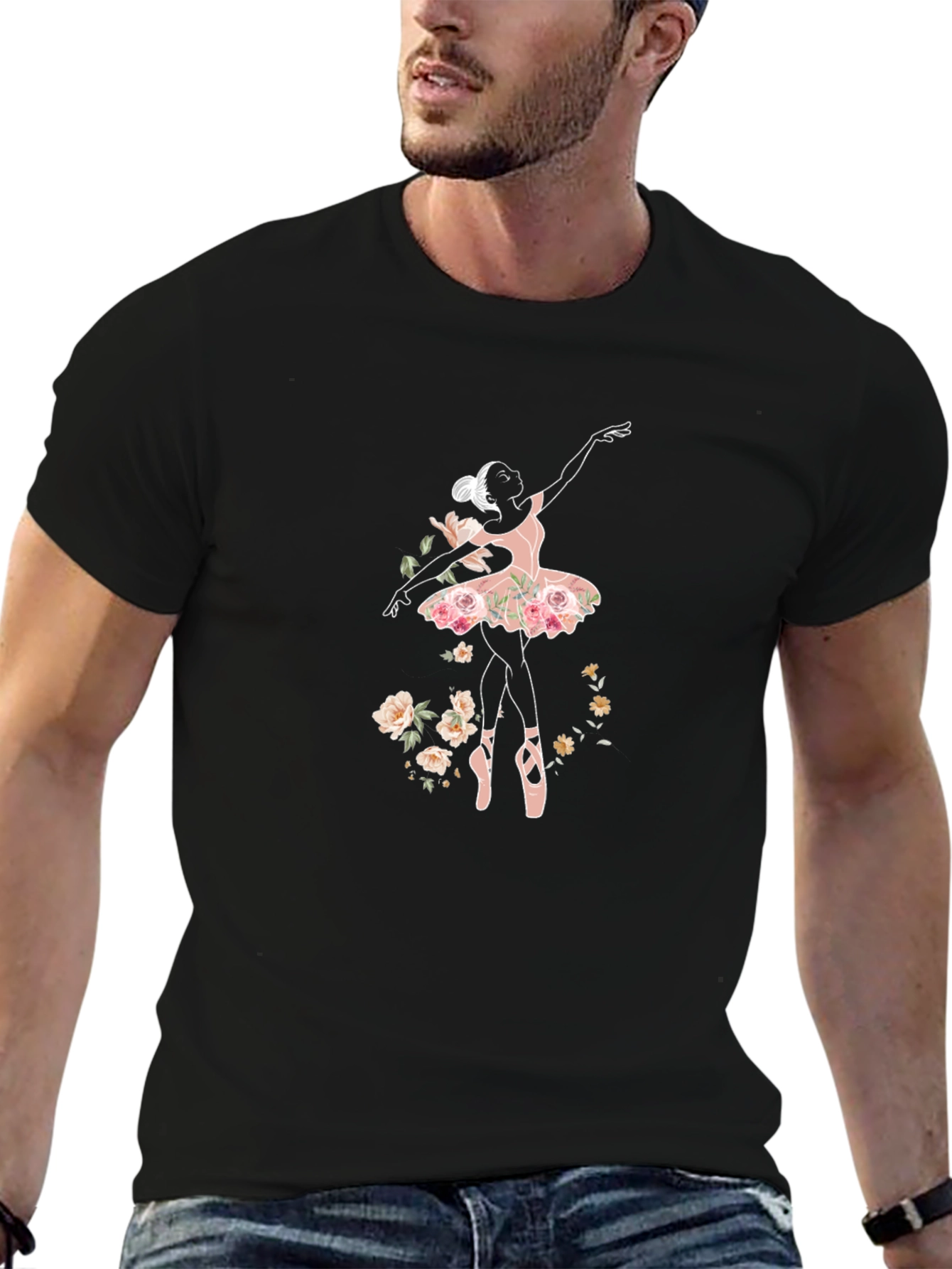 Black Floral Ballerina Graphic Tee - Black Cotton Comfort view 6