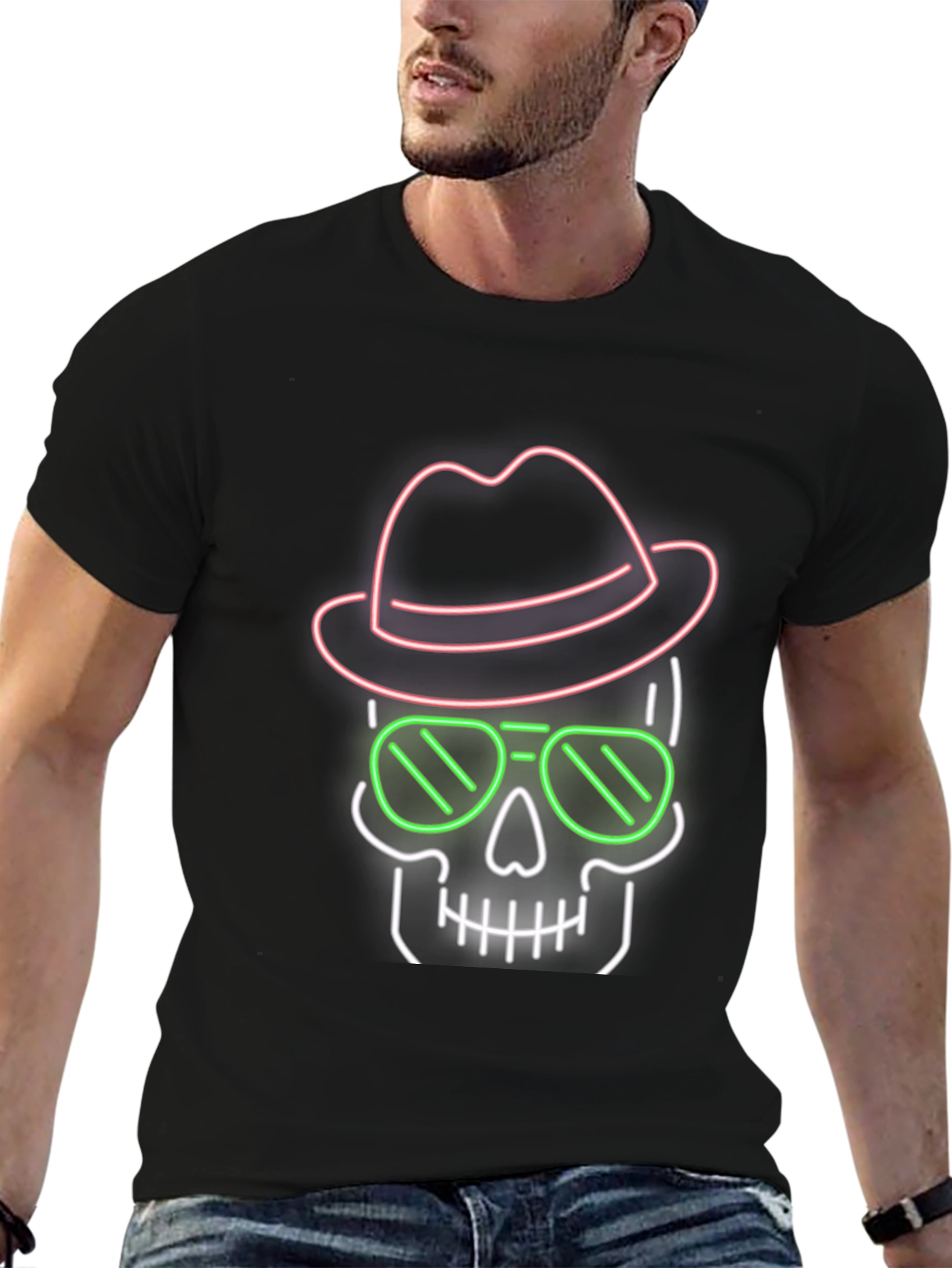 Black Neon Skull T-Shirt - Hat & Sunglasses Graphic Tee view 6