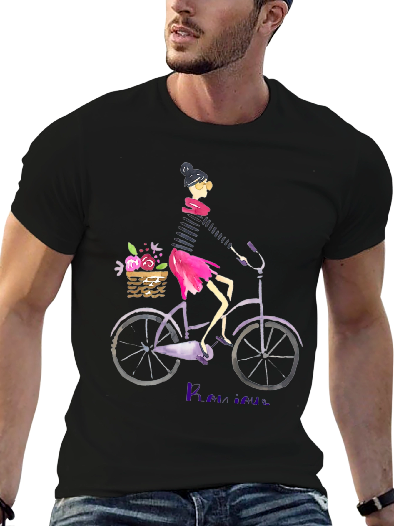 Black Woman on Bicycle Graphic Tee - Casual Black T-Shirt view 6