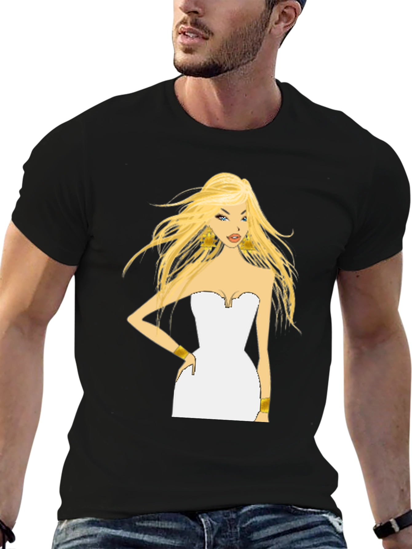 Black Blonde Cartoon Woman Black T-Shirt view 6