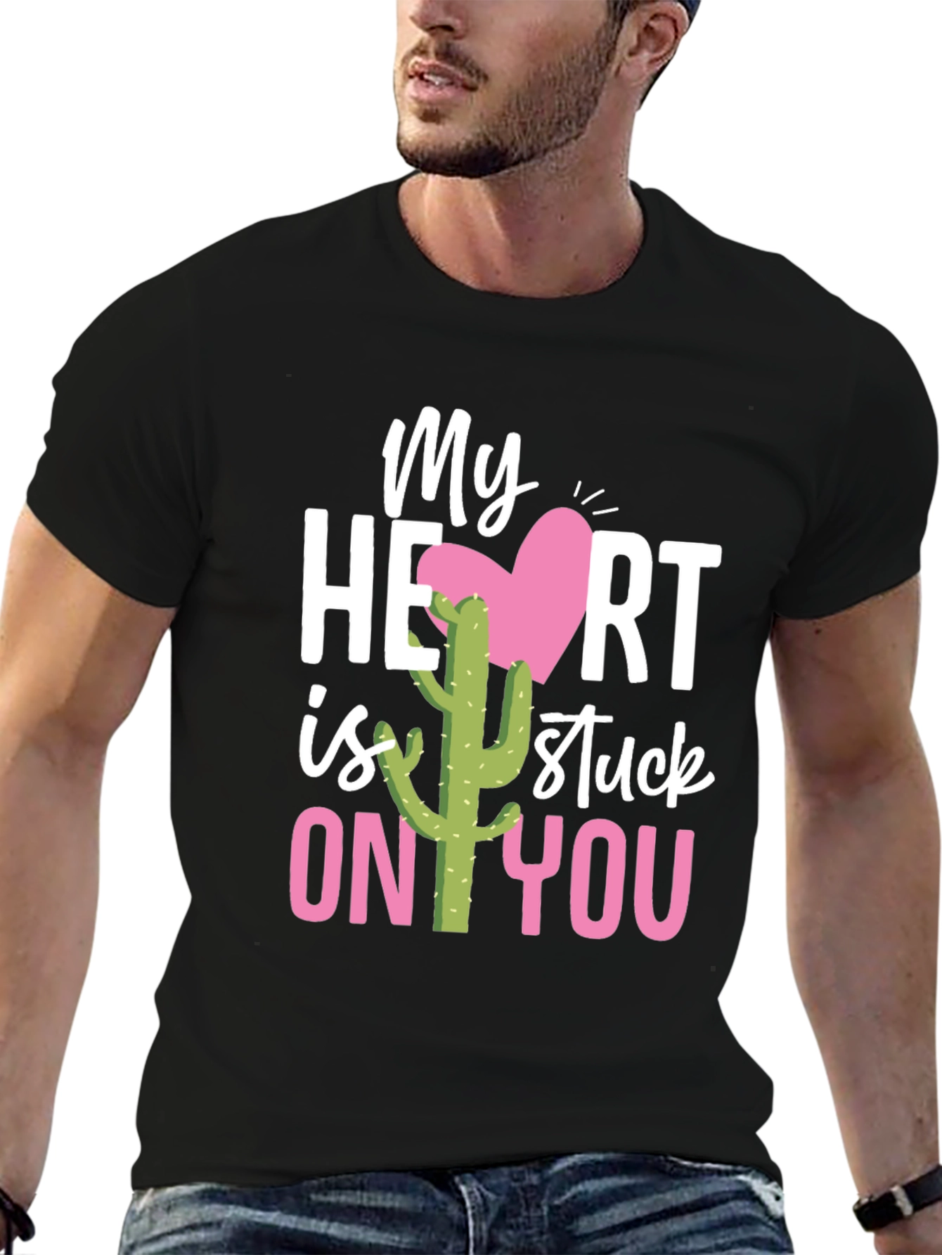 Black Stuck On You Valentine's Day Cactus T-Shirt view 6