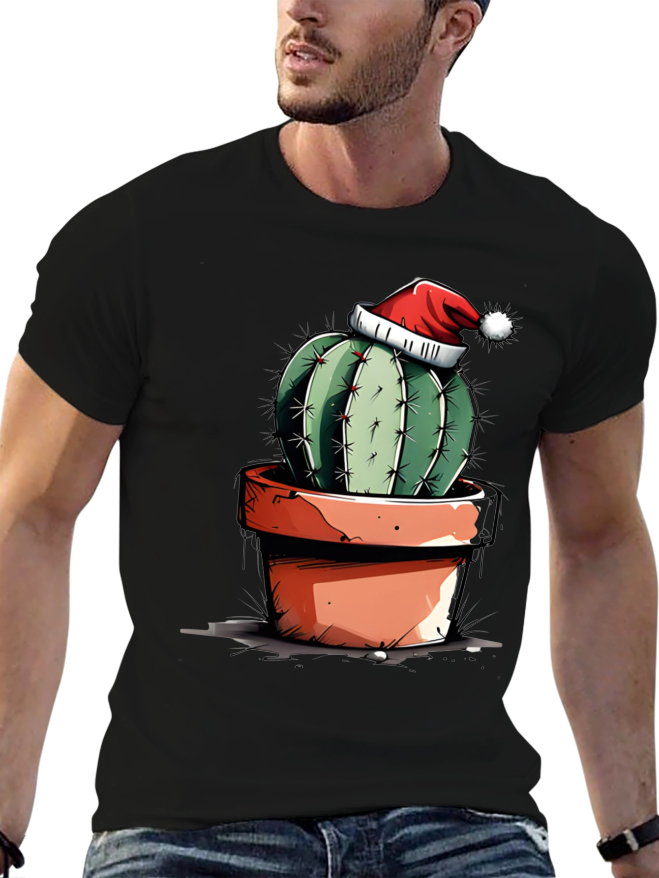 Black Festive Cactus Tee - Holiday Humor Shirt view 6