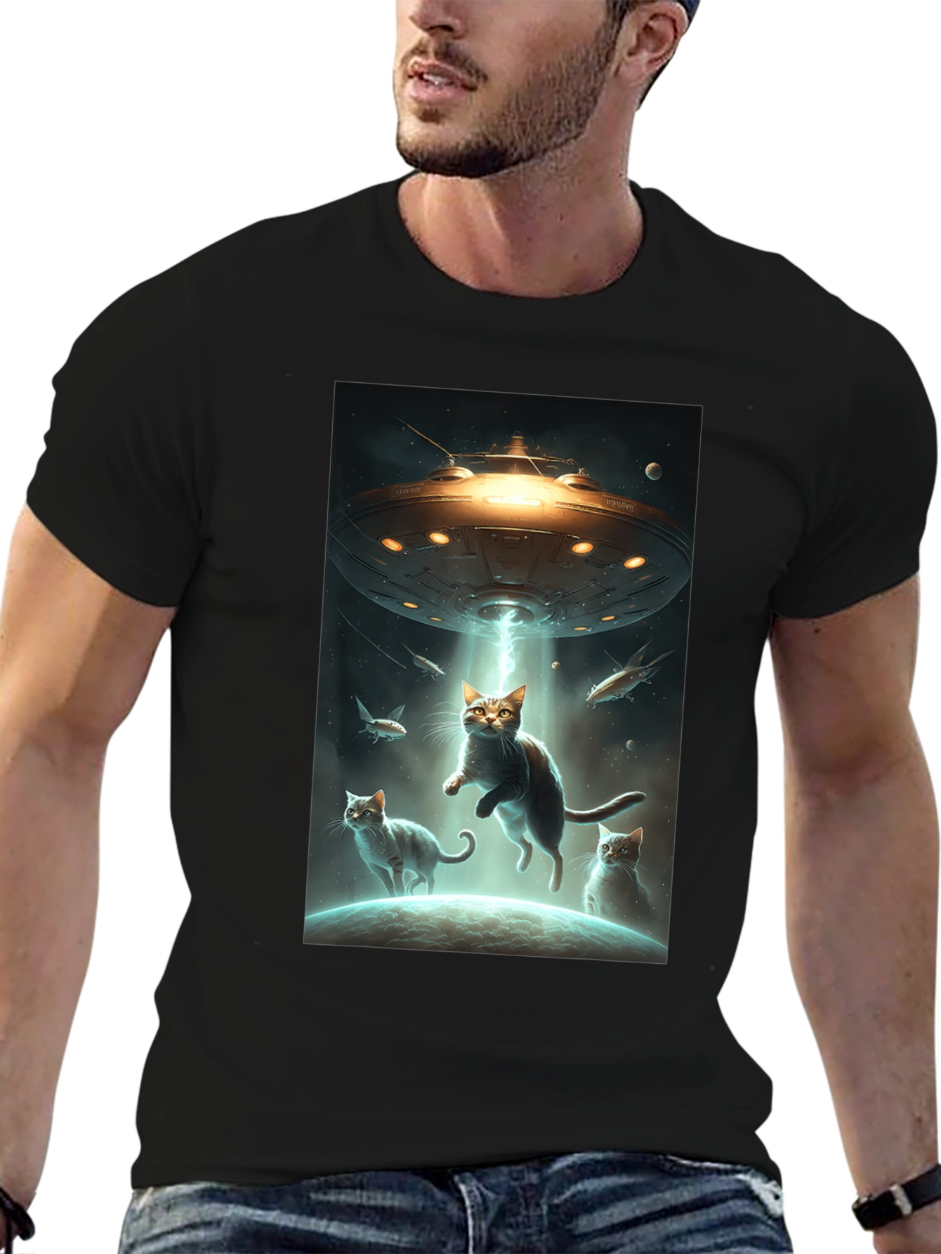 Black Alien Cat Abduction T-Shirt view 6