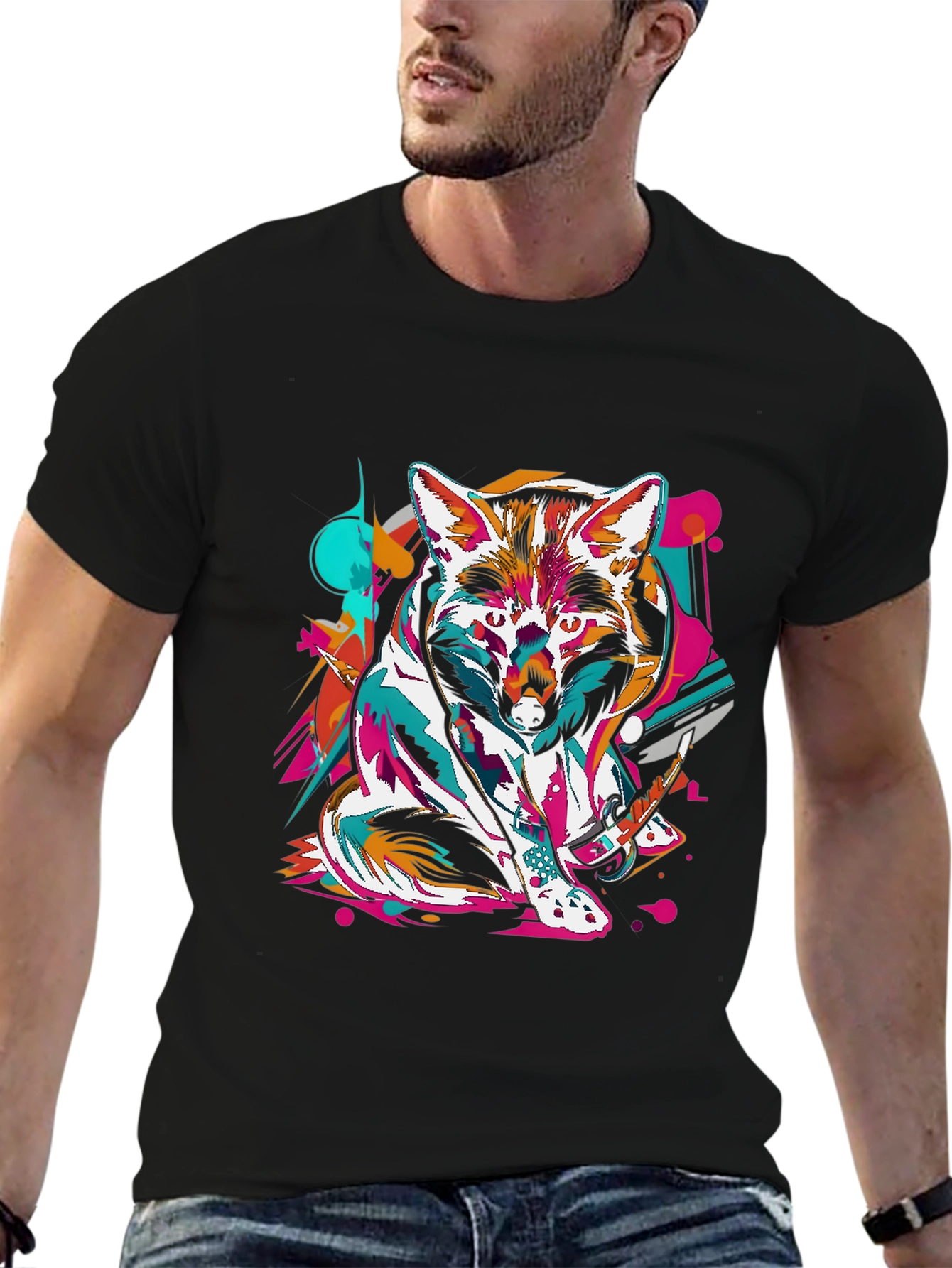 Black Abstract Fox Graphic Black T-Shirt view 6