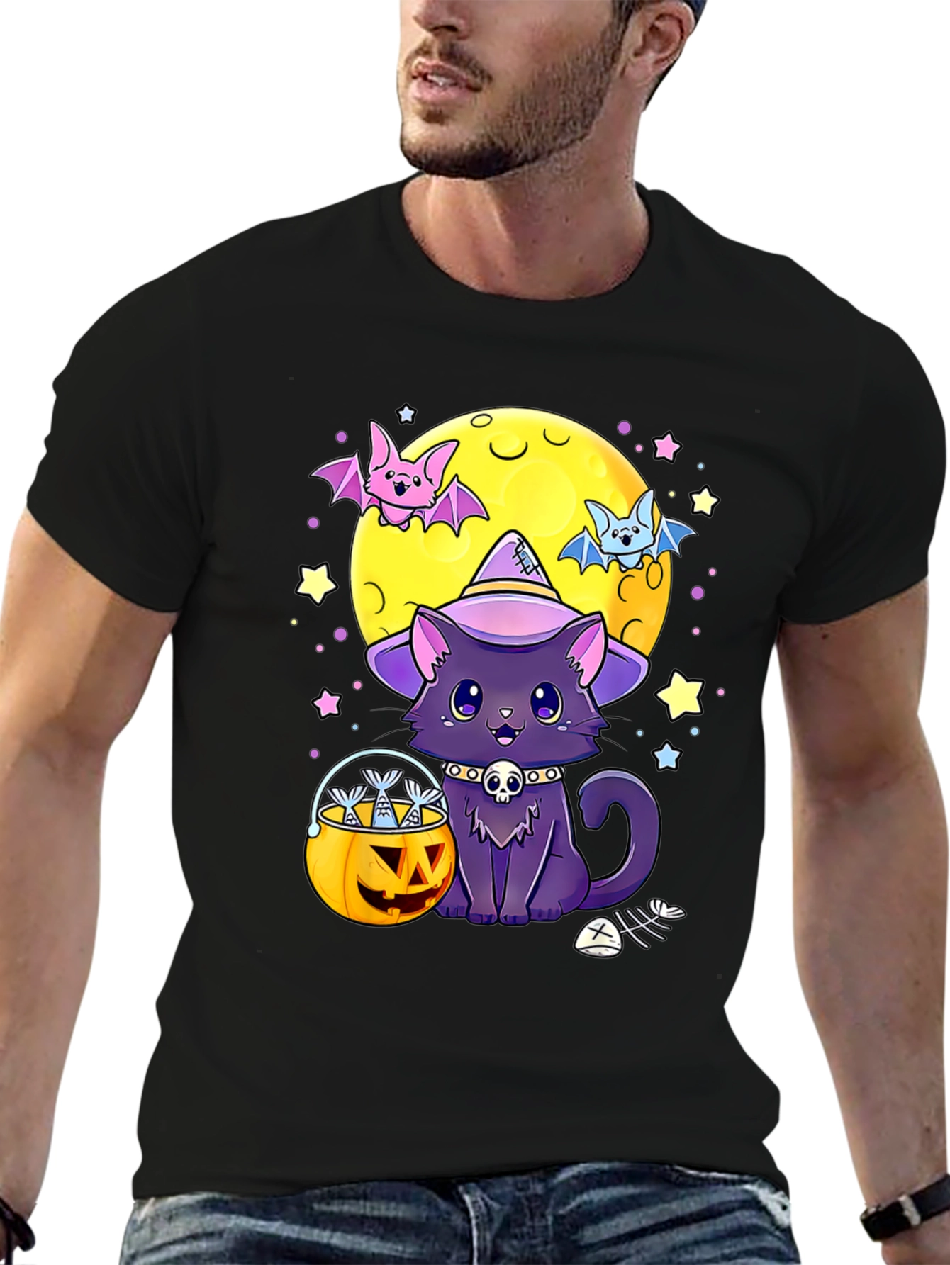Black Halloween Cat Moon T-Shirt view 6