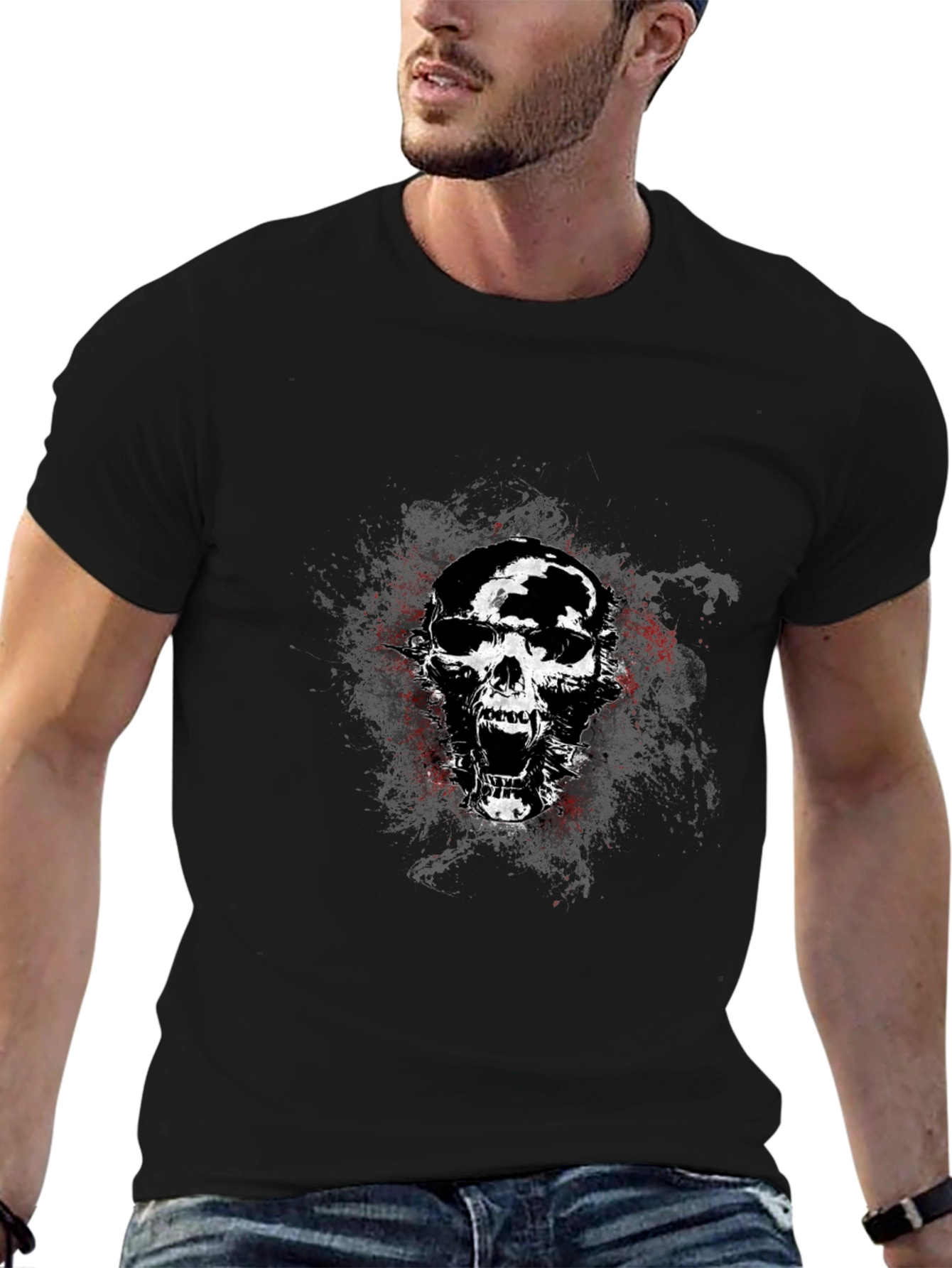 Black Edgy Skull Graphic Tee - Black Cotton Blend T-Shirt view 6