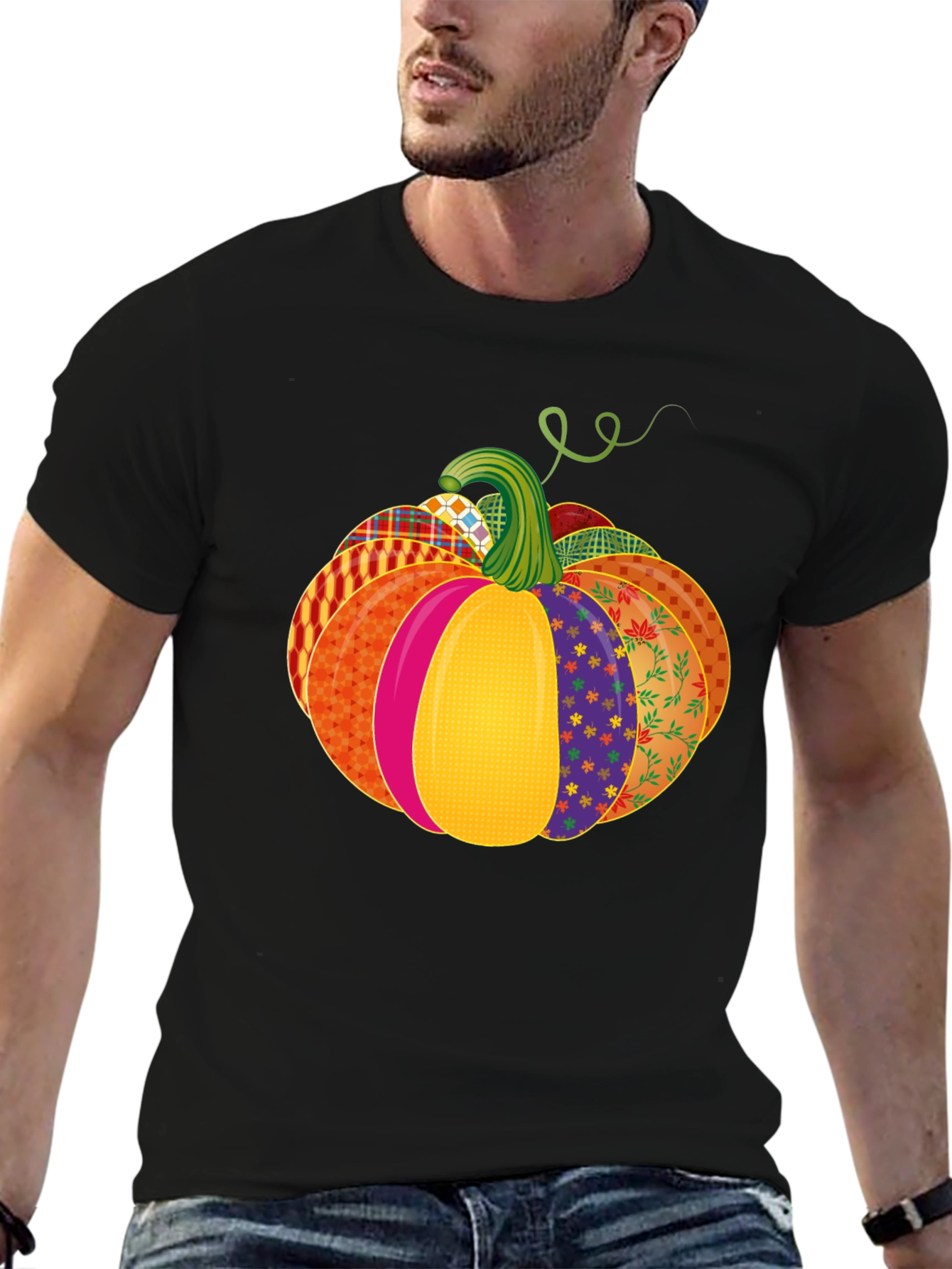 Black Festive Patchwork Pumpkin T-Shirt - Autumn Style view 6