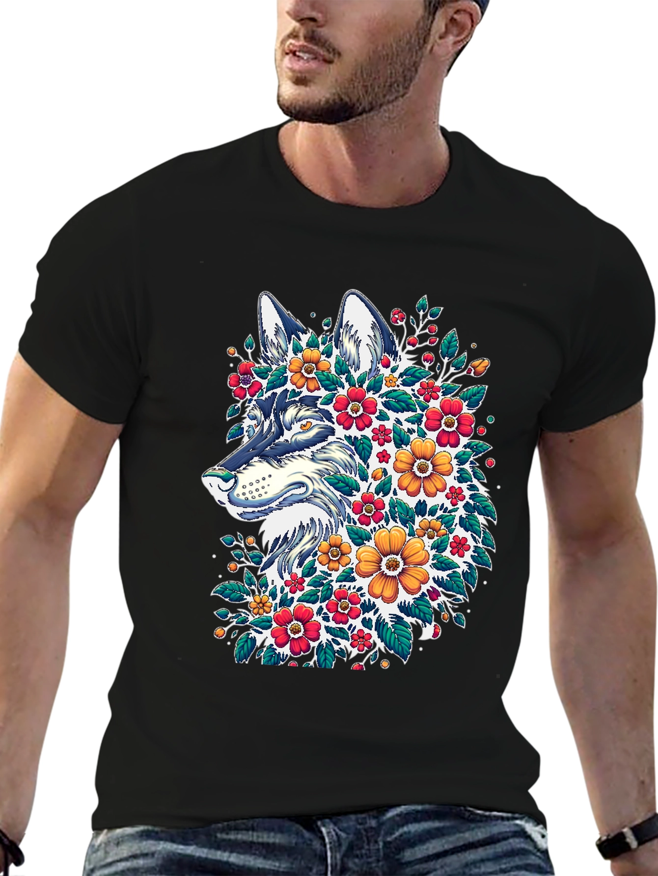 Black Floral Wolf T-Shirt - Artistic Graphic Tee view 6