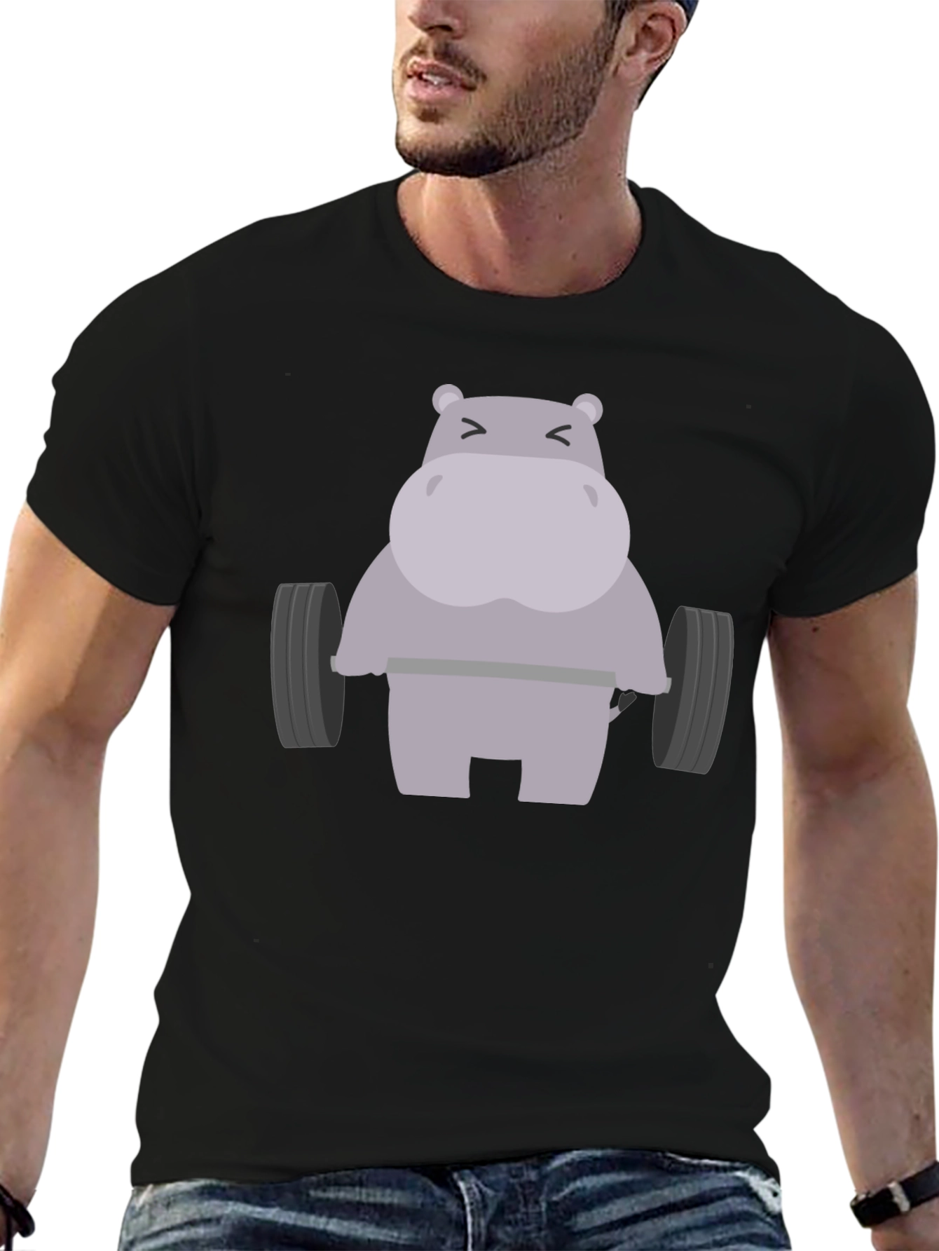 Black Hippo Lifting Weights Graphic T-Shirt - Gym Humor view 6