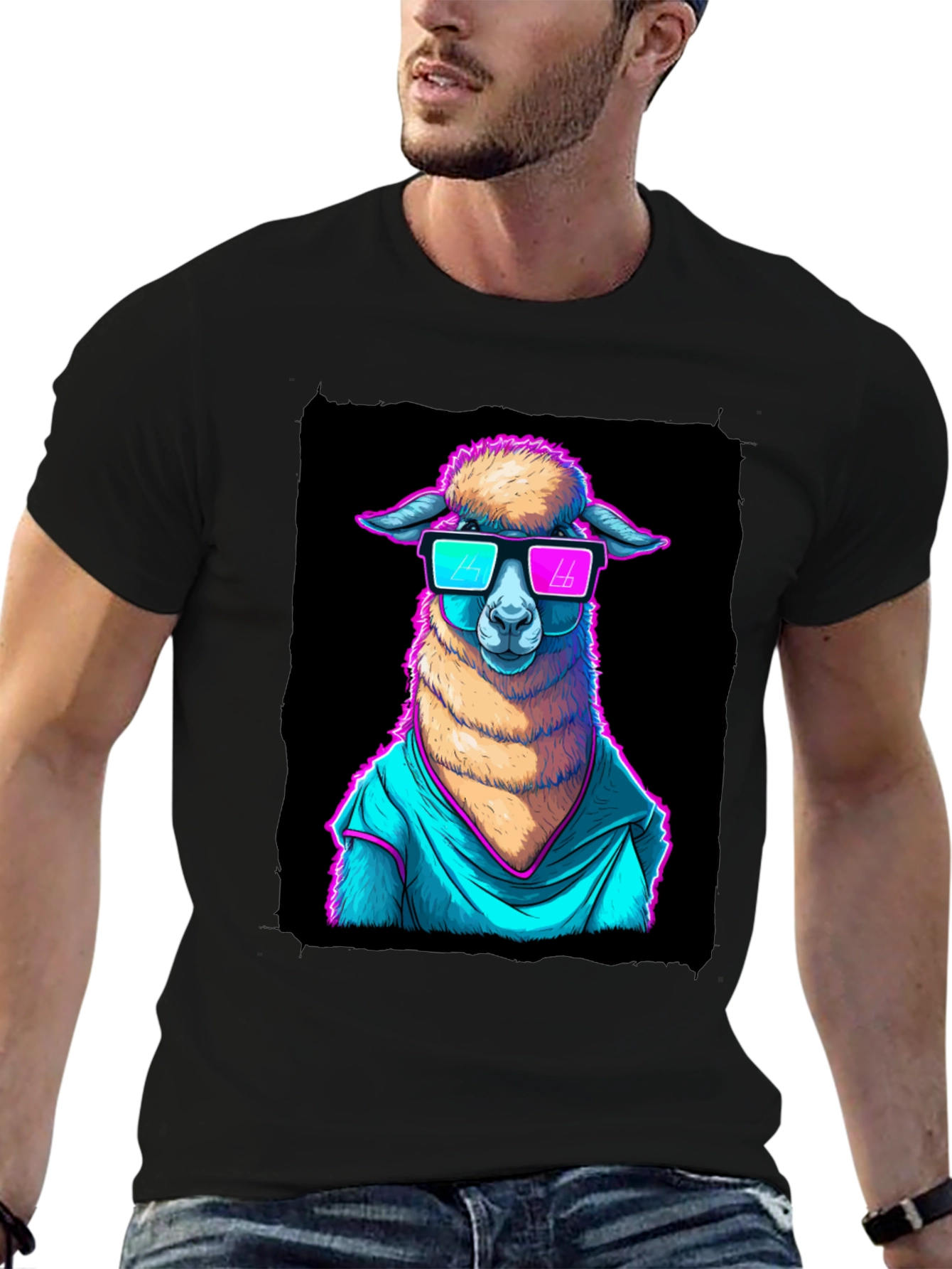 Black Cool Llama Graphic Tee - Retro Style view 6