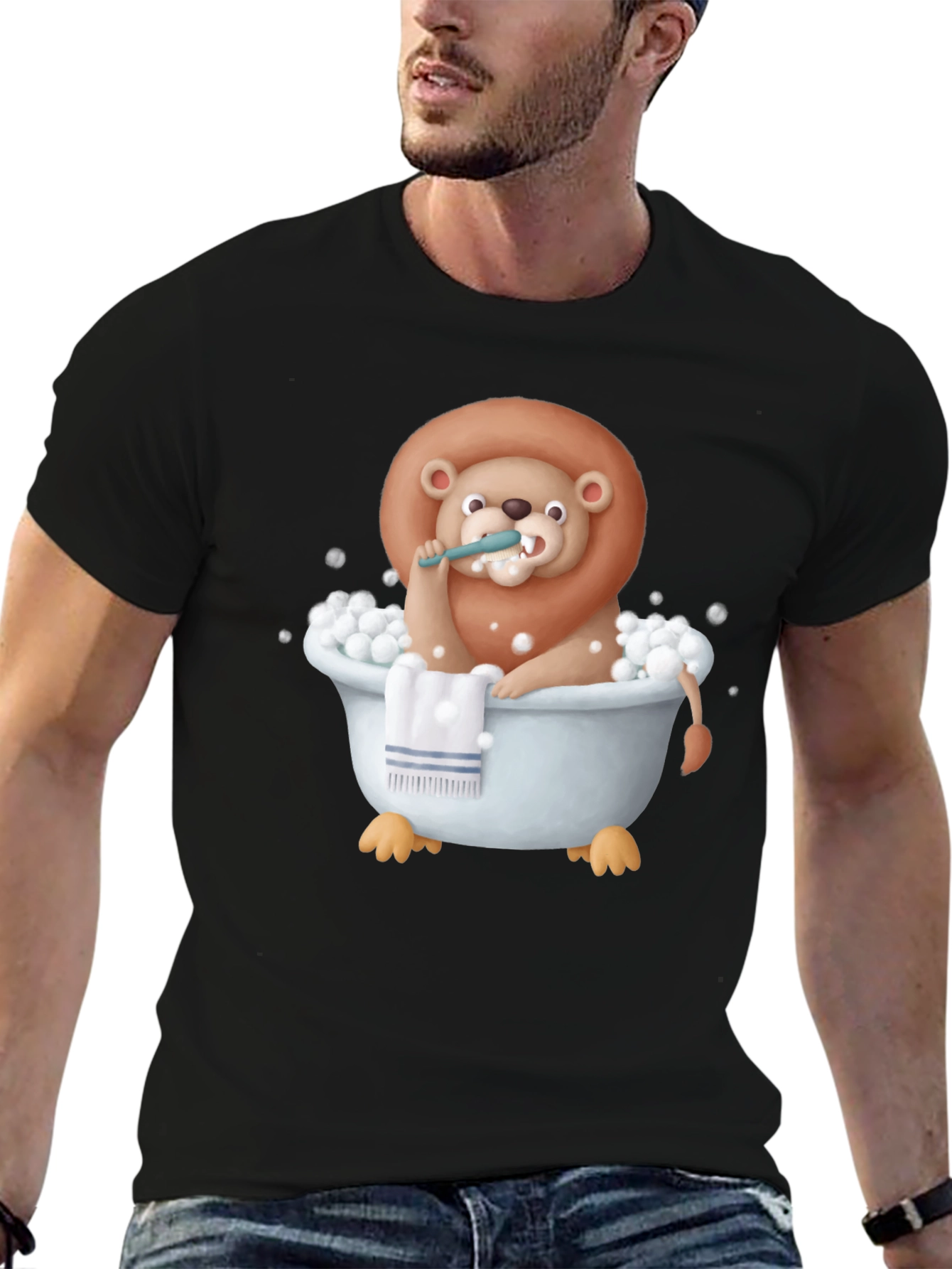 Black Funny Lion in Bathtub Graphic T-Shirt view 6