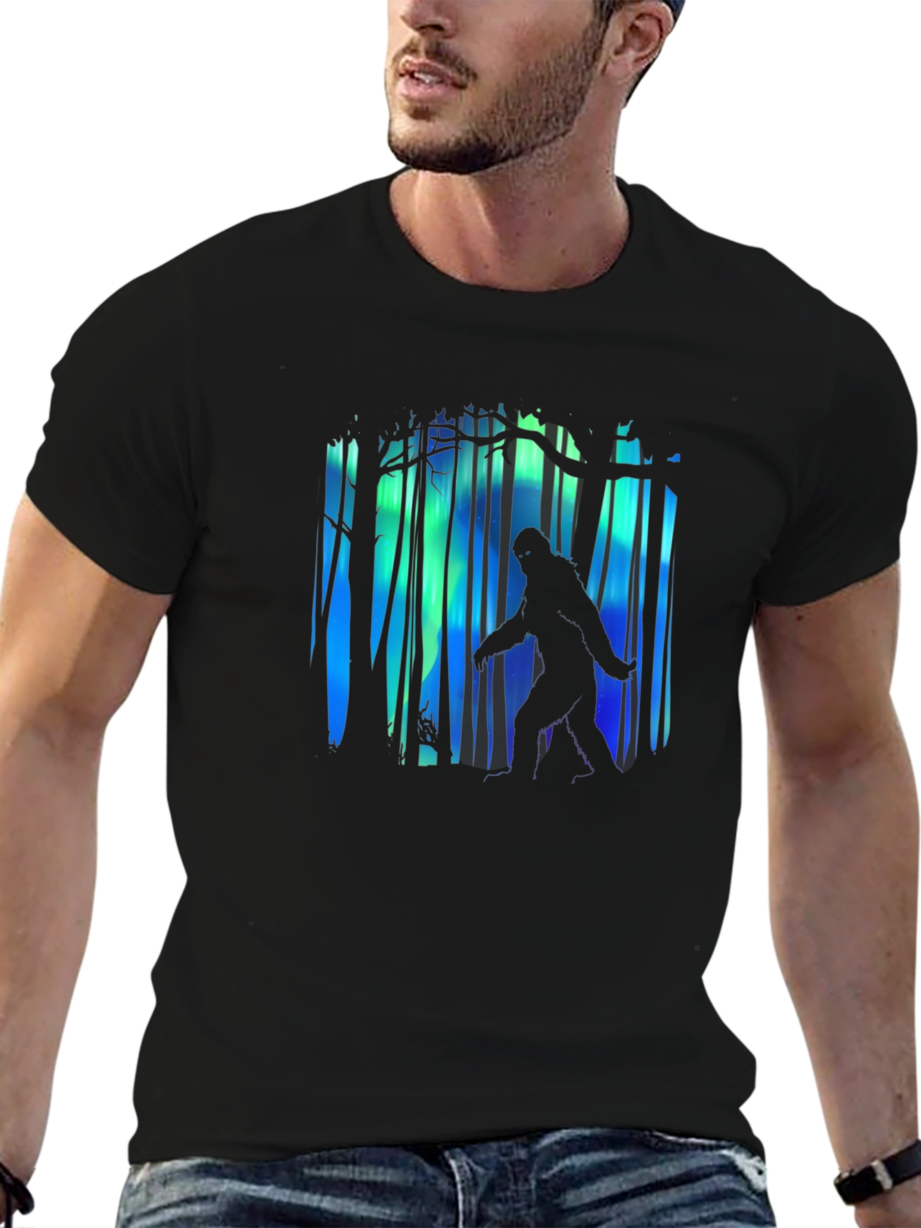 Black Bigfoot Aurora Borealis Men's Black T-Shirt view 6
