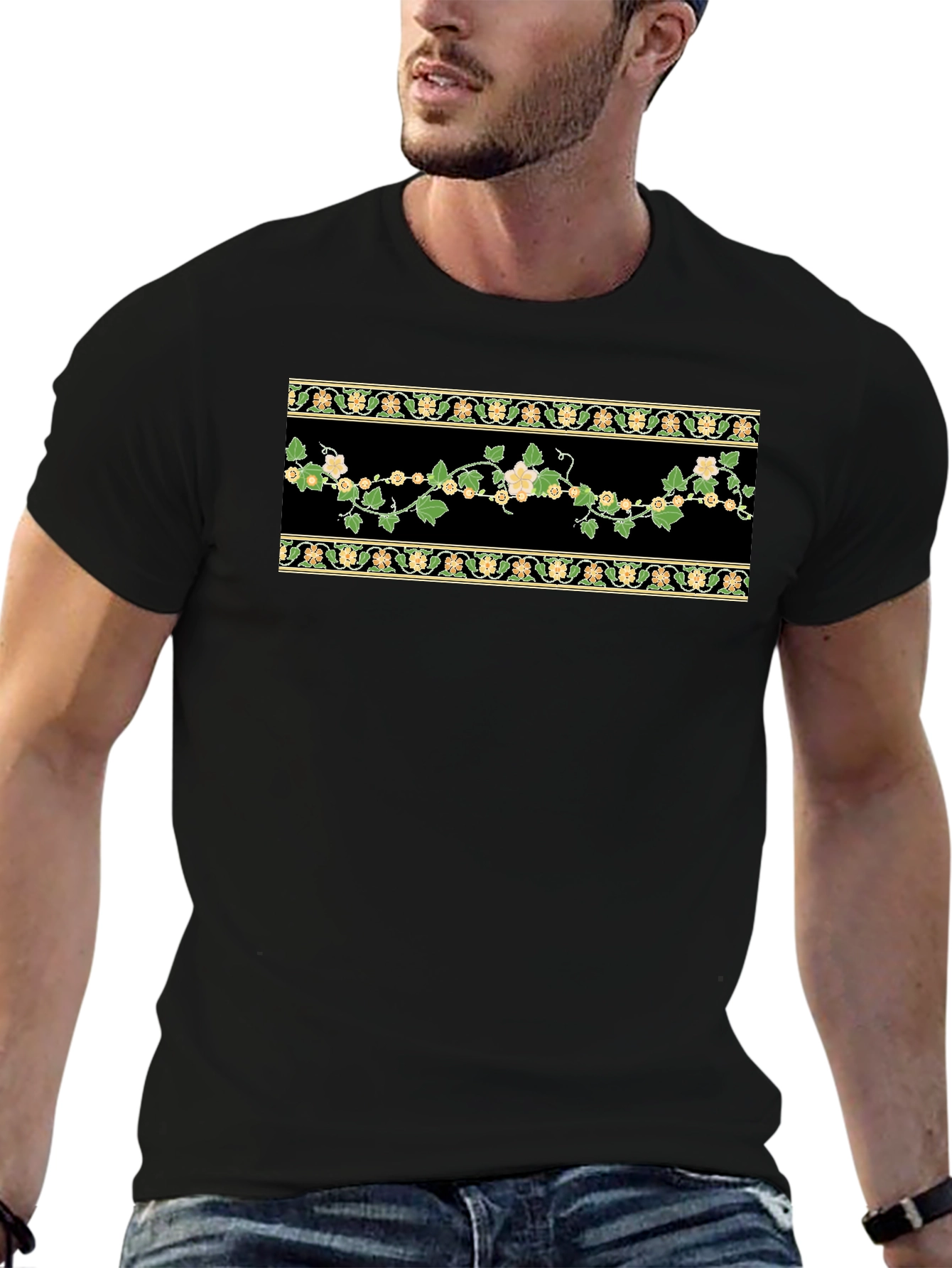 Black Floral Vine Graphic T-Shirt - Black view 6