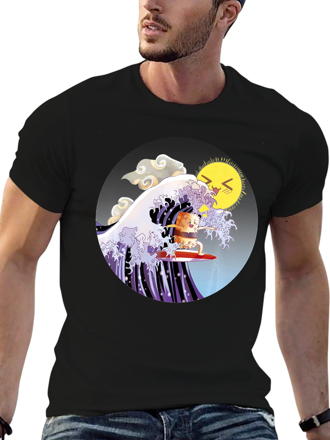Black Sushi Surfer T-Shirt - Kawaii Wave Design view 6