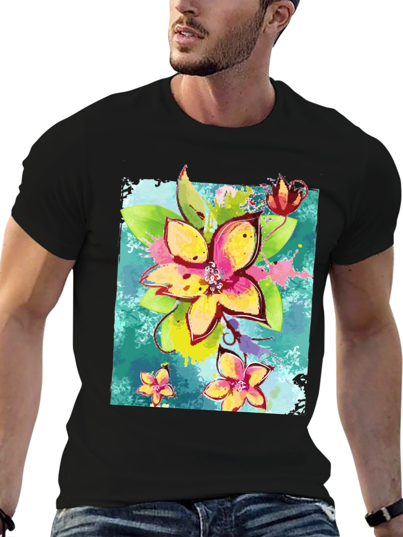 Black Floral Print Men's Black T-Shirt view 6