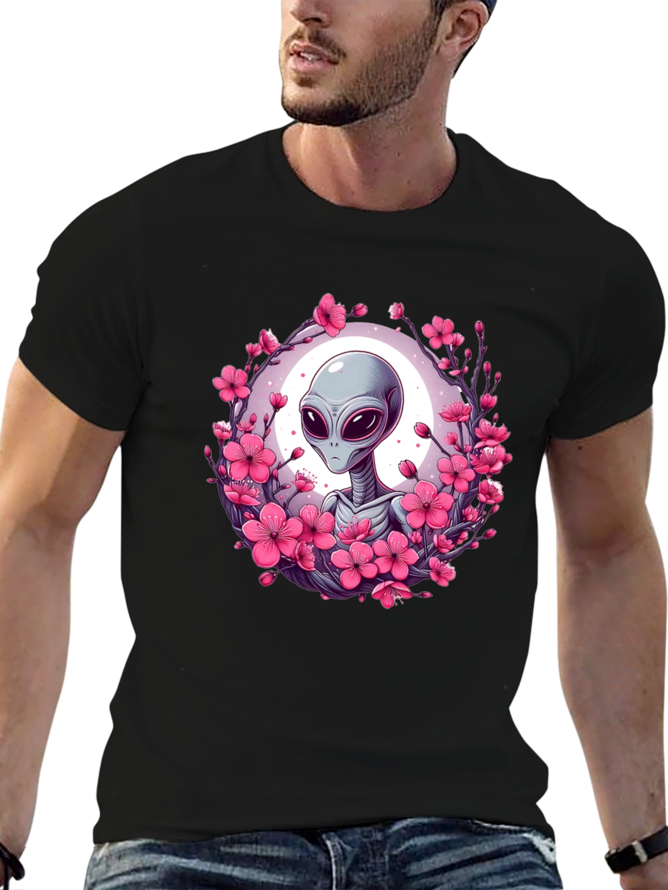 Black Alien in Cherry Blossoms Graphic Tee - Black view 6