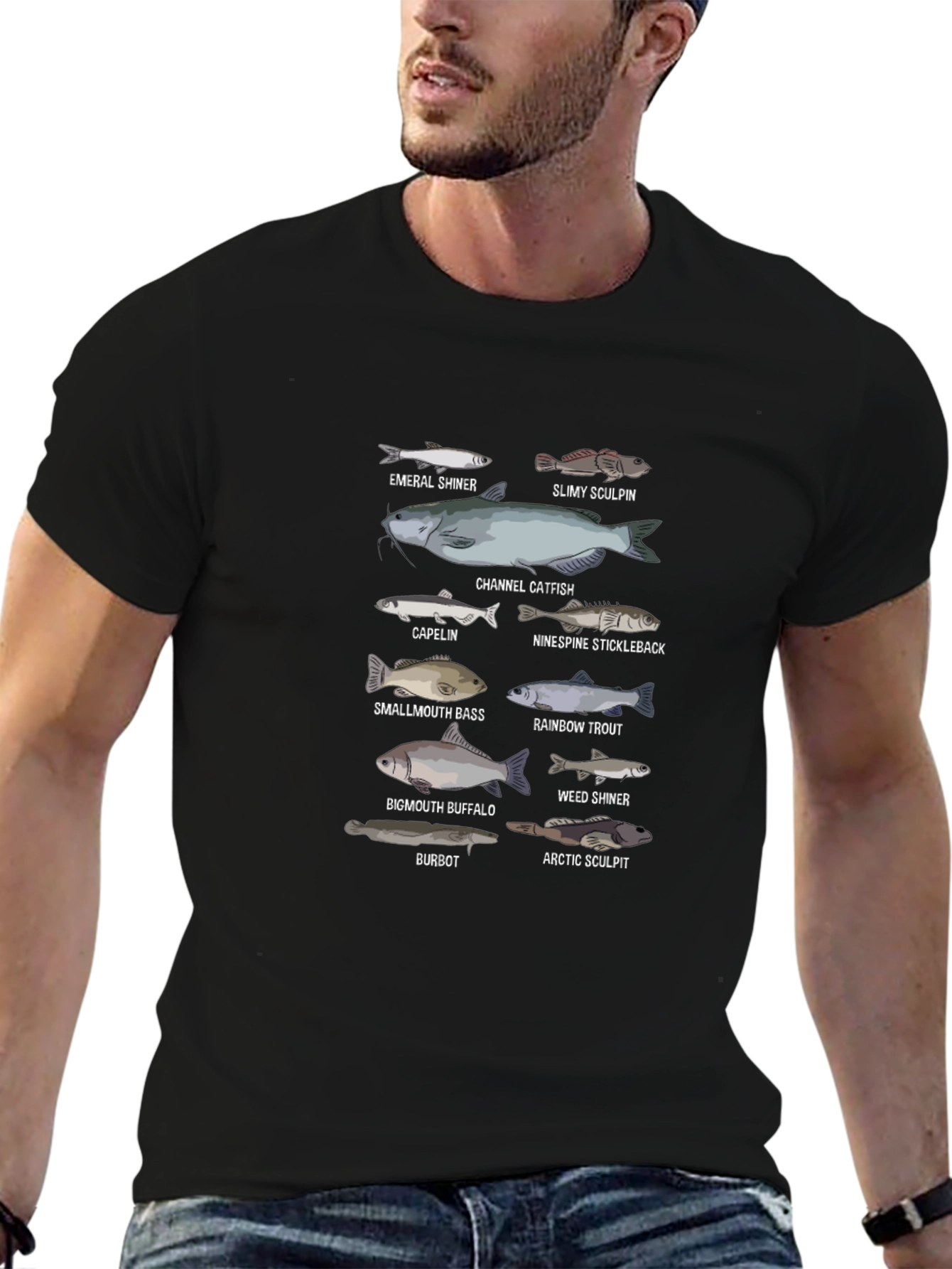 Black Fish Species Graphic Print Black T-Shirt view 6