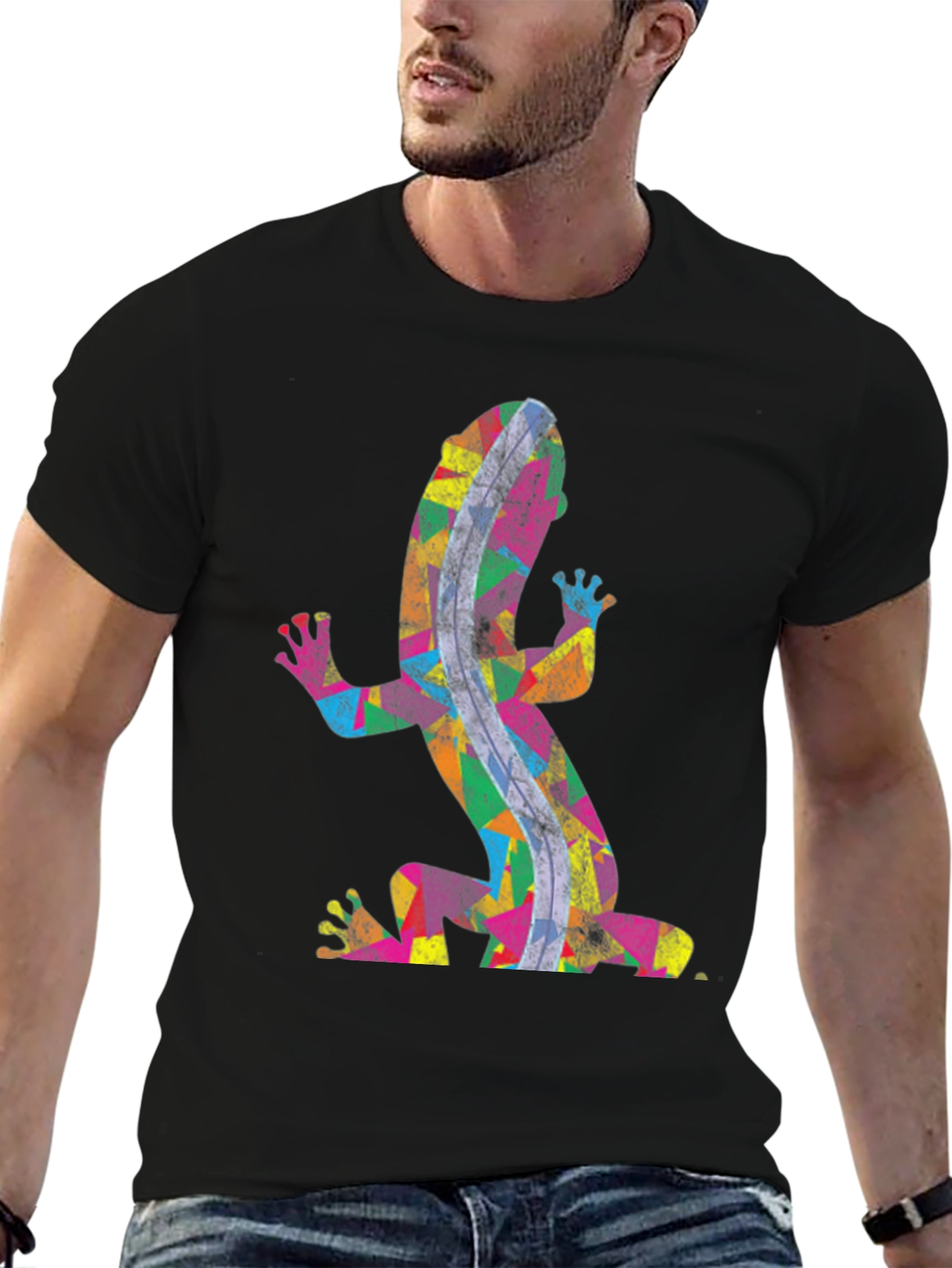 Black Colorful Gecko Print Black T-Shirt view 6