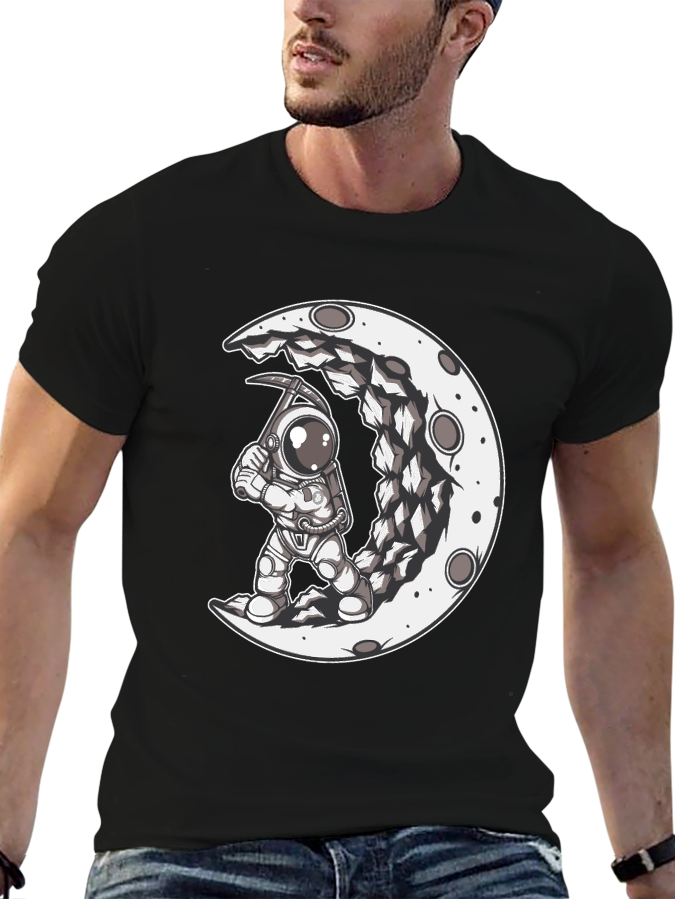 Black Astronaut Moon Mining Black Graphic T-Shirt view 6