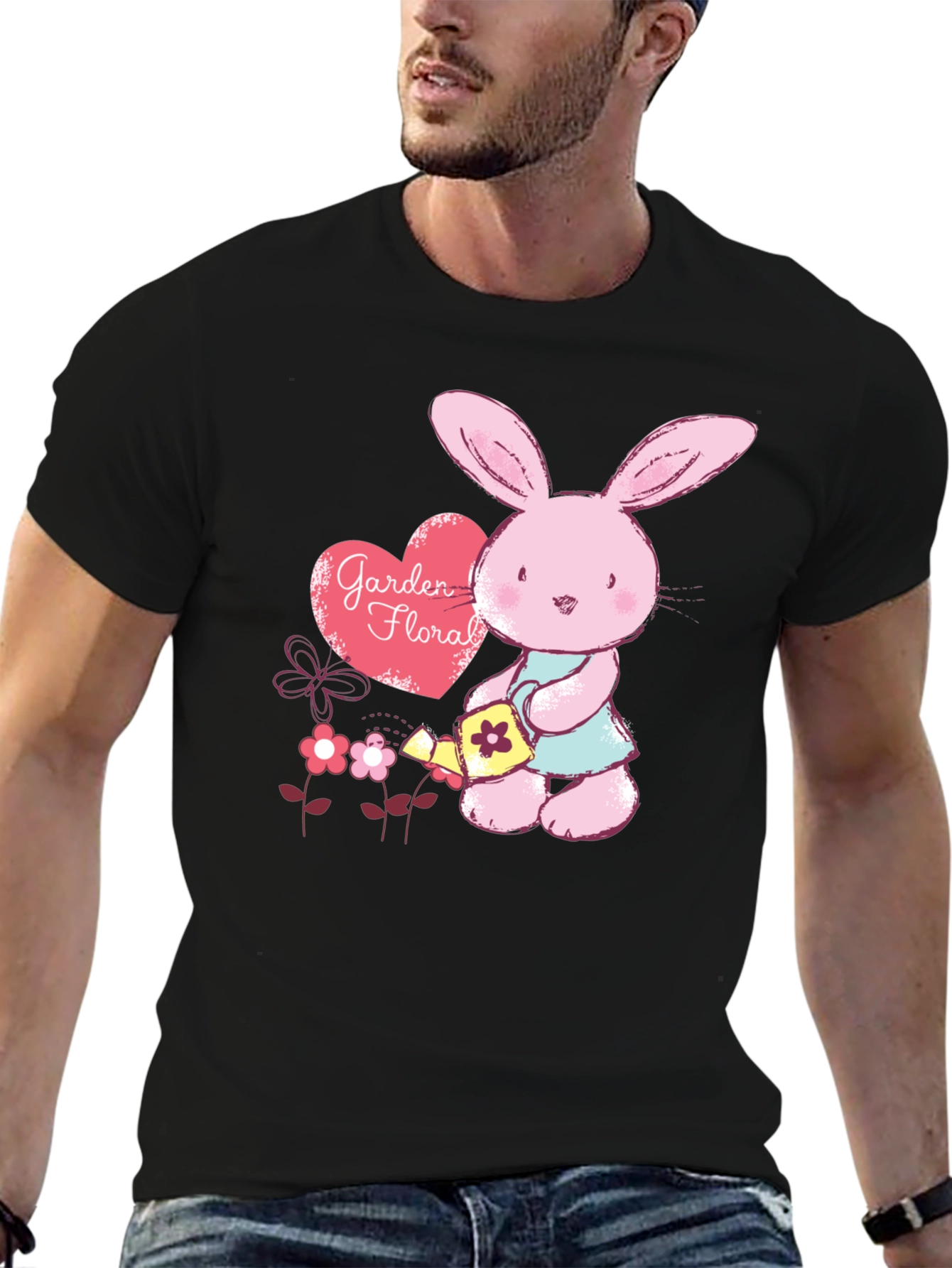 Black Cute Bunny Gardener T-Shirt - Floral Garden Design view 6
