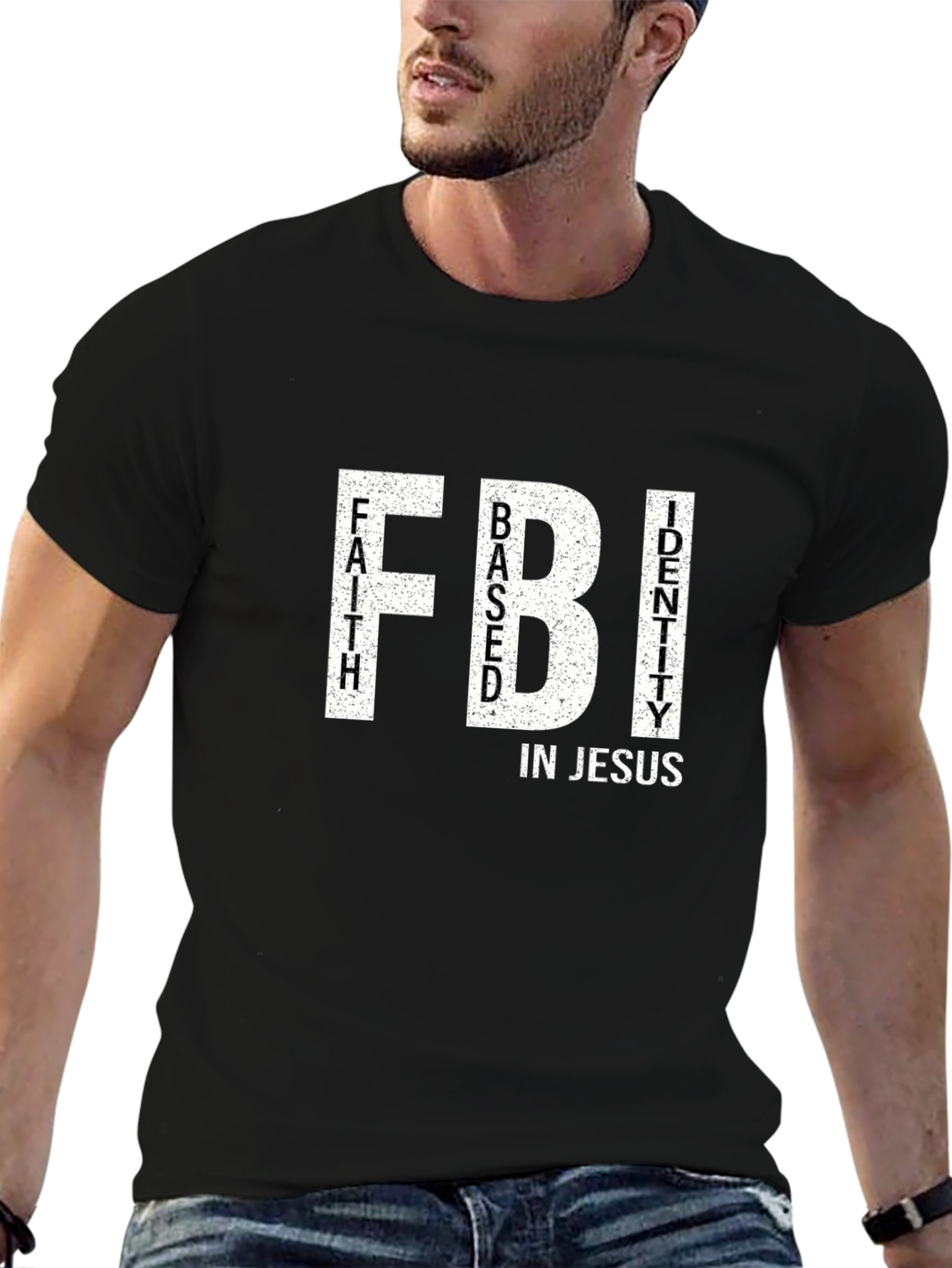 Black Faith Based Identity in Jesus FBI T-Shirt view 6