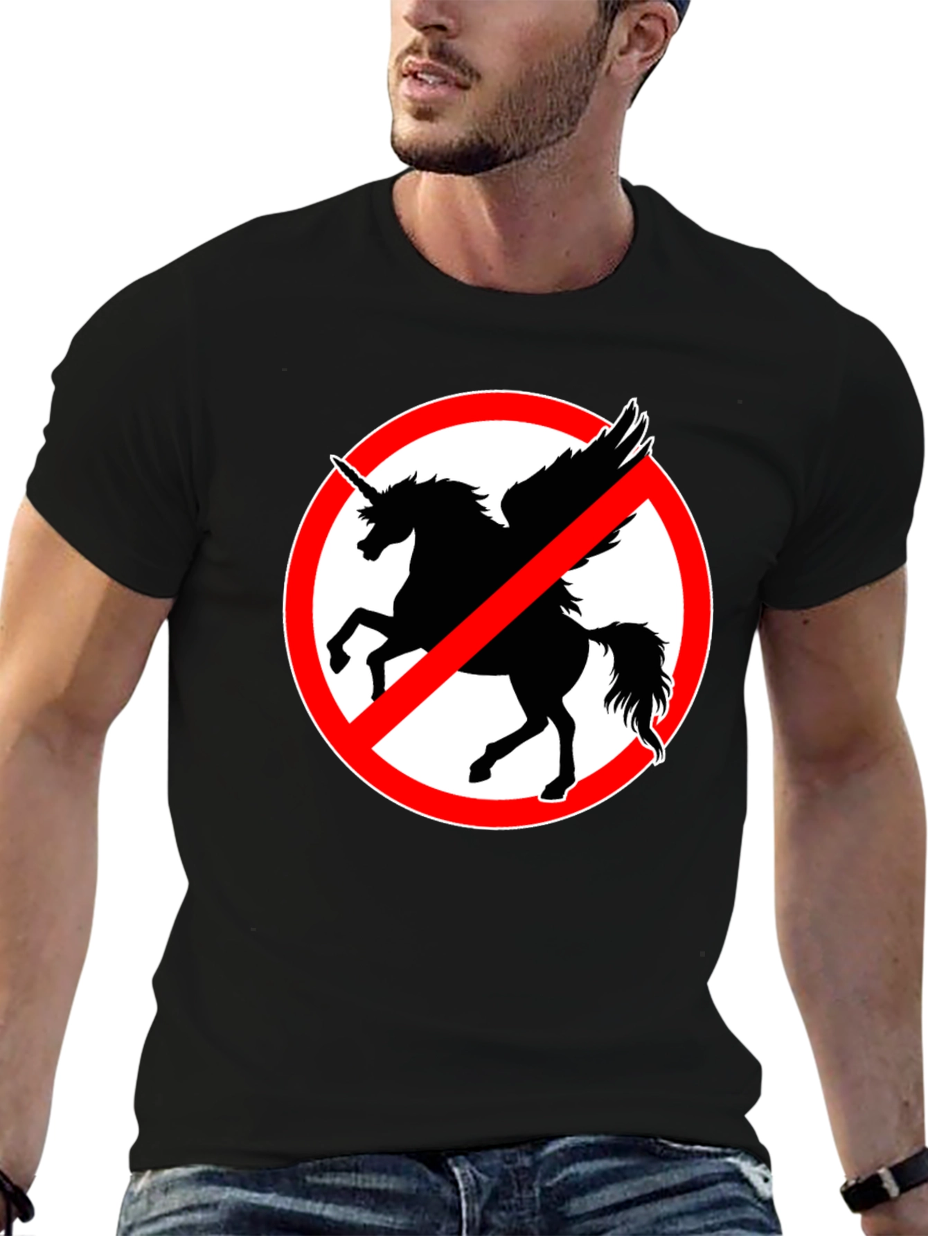 Black No Unicorns T-Shirt - Men's Black Crew Neck Tee view 6