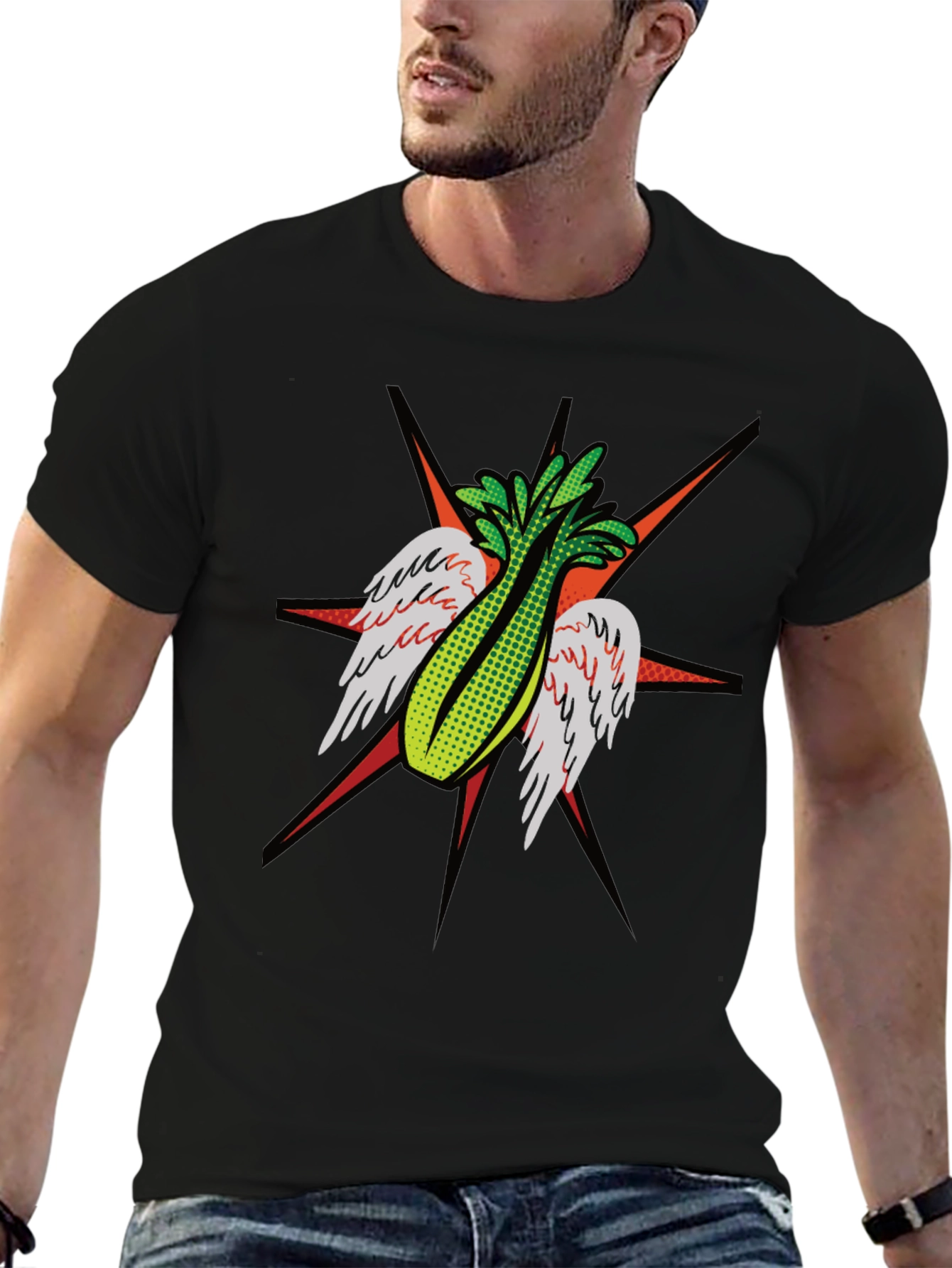 Black Winged Celery Graphic Tee - Quirky Black T-Shirt view 6