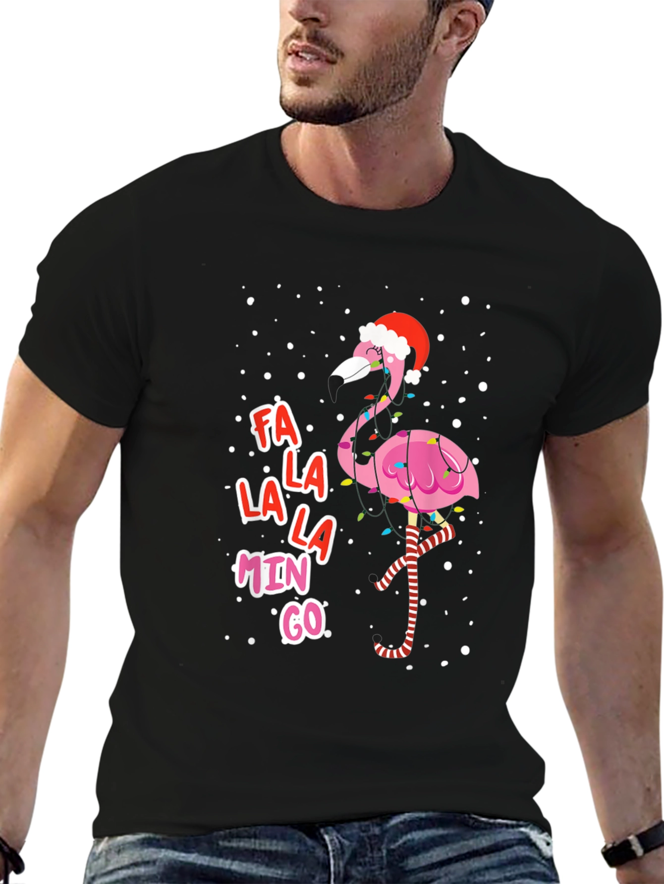 Black Festive Flamingo Christmas Tee - Fa La La La Mingo! view 6