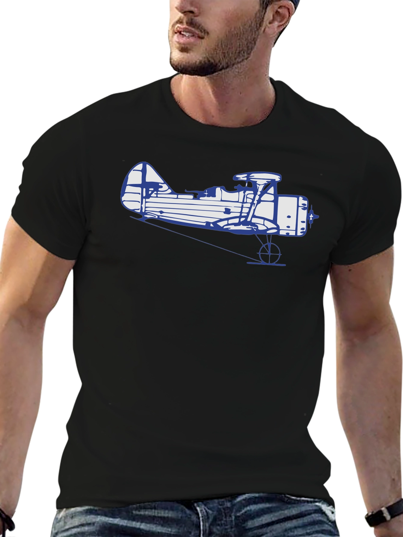 Black Vintage Biplane Graphic T-Shirt - Classic Style view 6