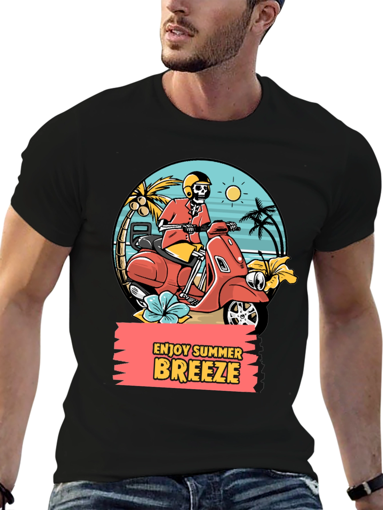 Black Summer Breeze Skeleton Scooter Graphic Tee view 6