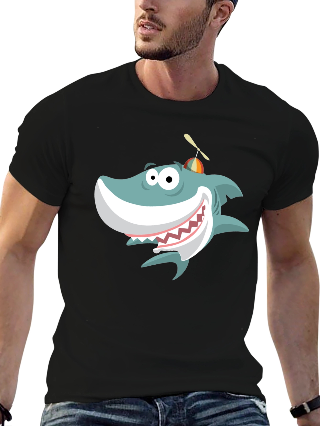 Black Cartoon Shark Graphic Tee - Fun & Unique Design view 6