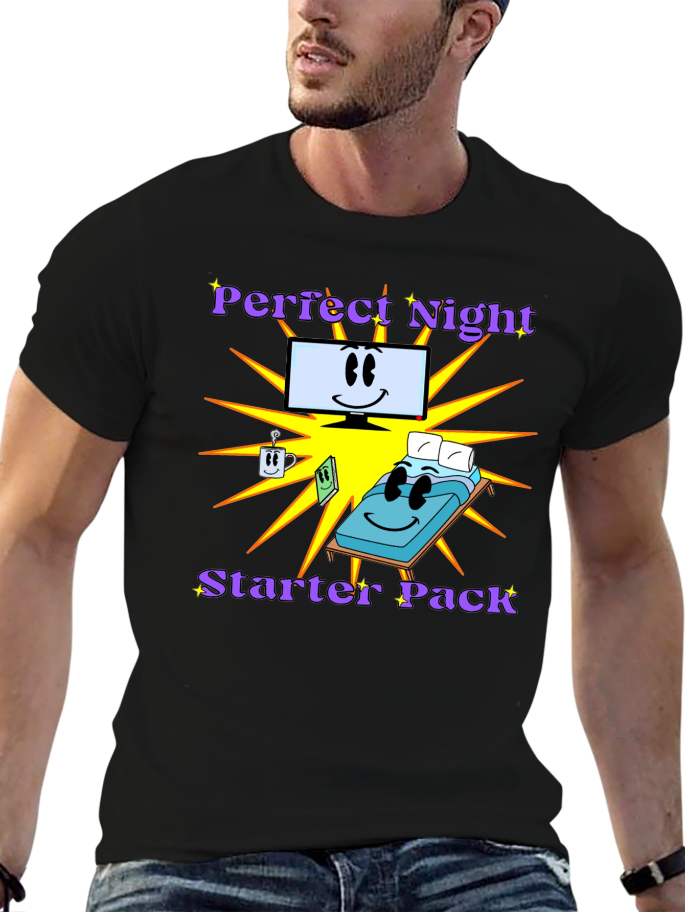 Black Perfect Night Starter Pack T-Shirt - Comfy Cartoon Tee view 6