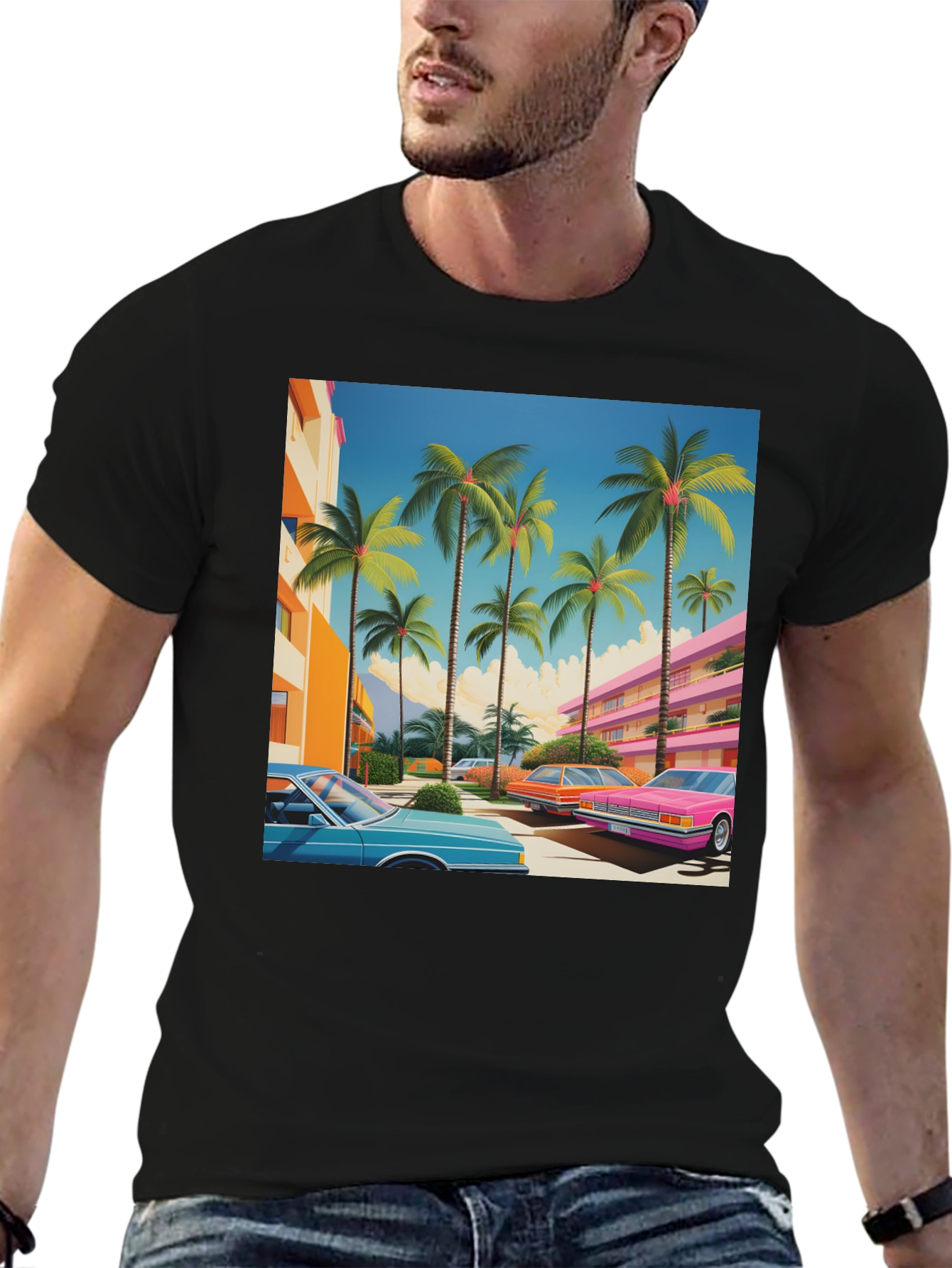 Black Retro Miami Palm Tree Cars T-Shirt view 6