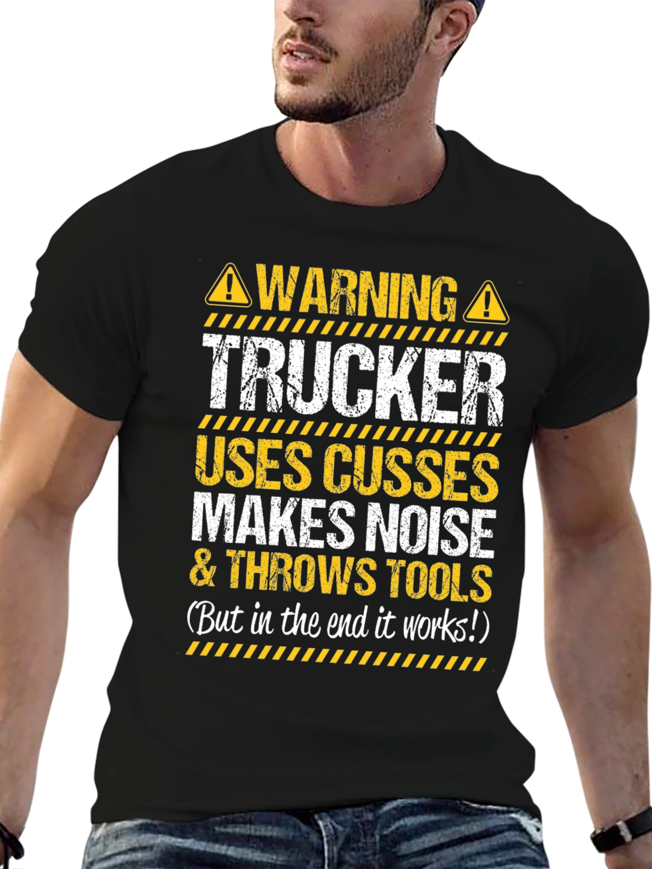 Black Warning Trucker T-Shirt - Funny Novelty Tee view 6