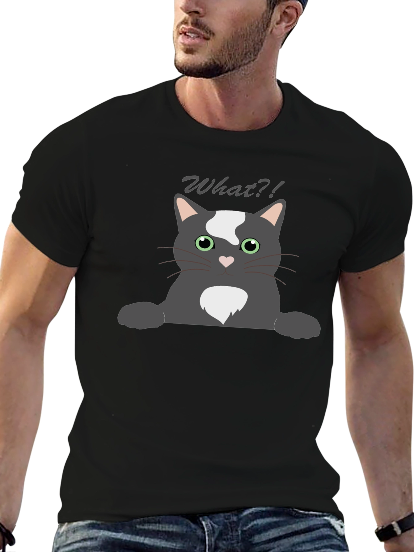 Black Funny "What?!" Cat Graphic T-Shirt view 6