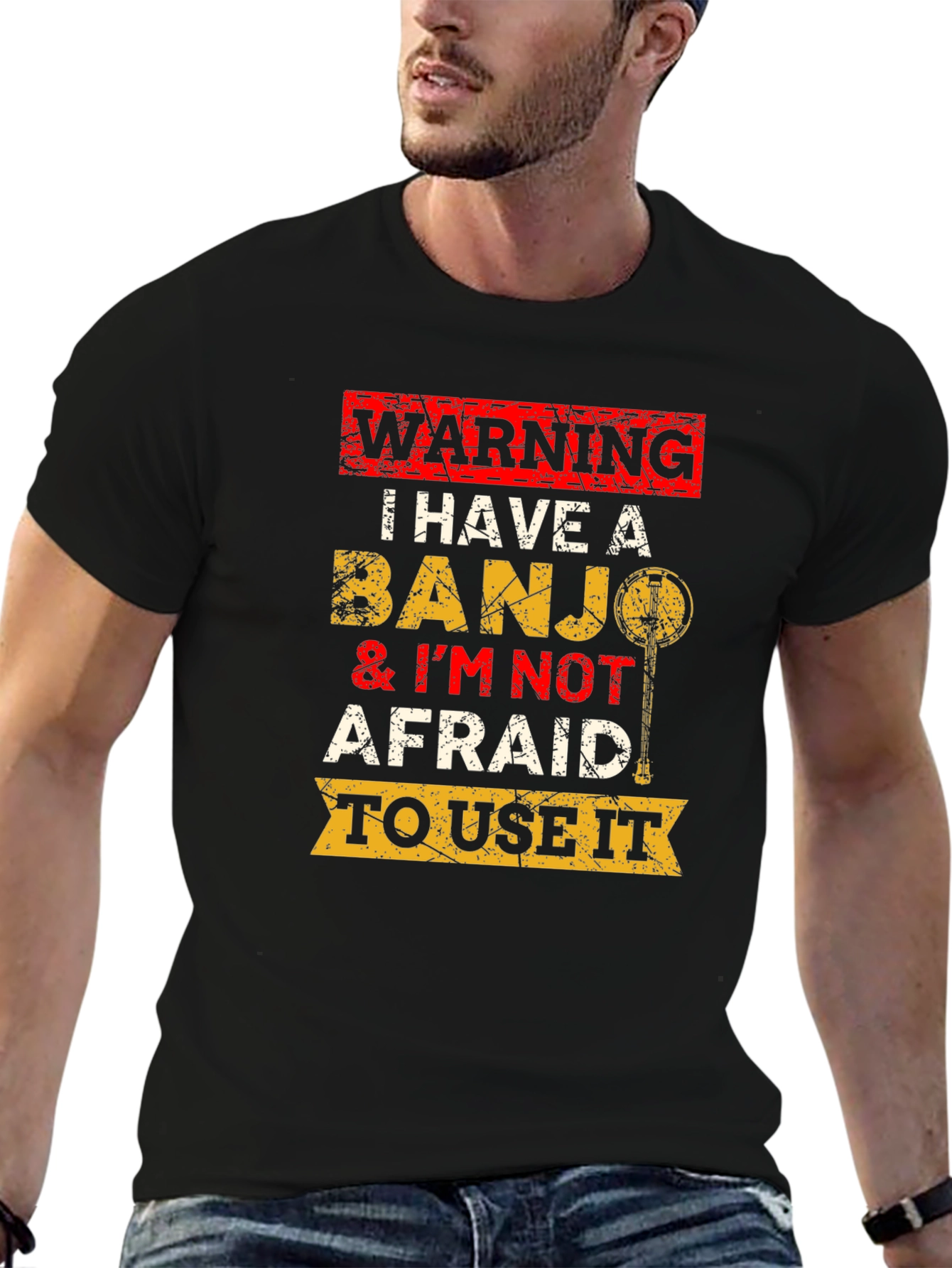 Black Warning Banjo T-Shirt Funny Musician Tee view 6