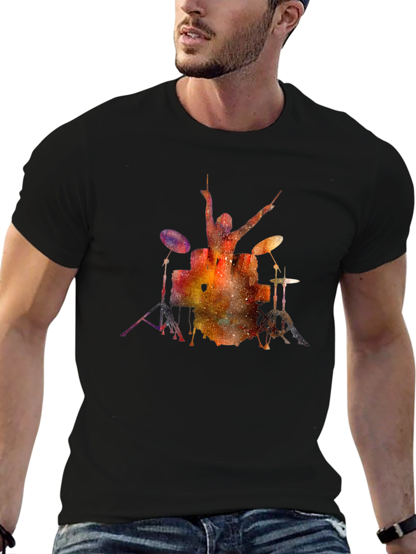 Black Cosmic Drummer T-Shirt - Black Cotton Tee view 6