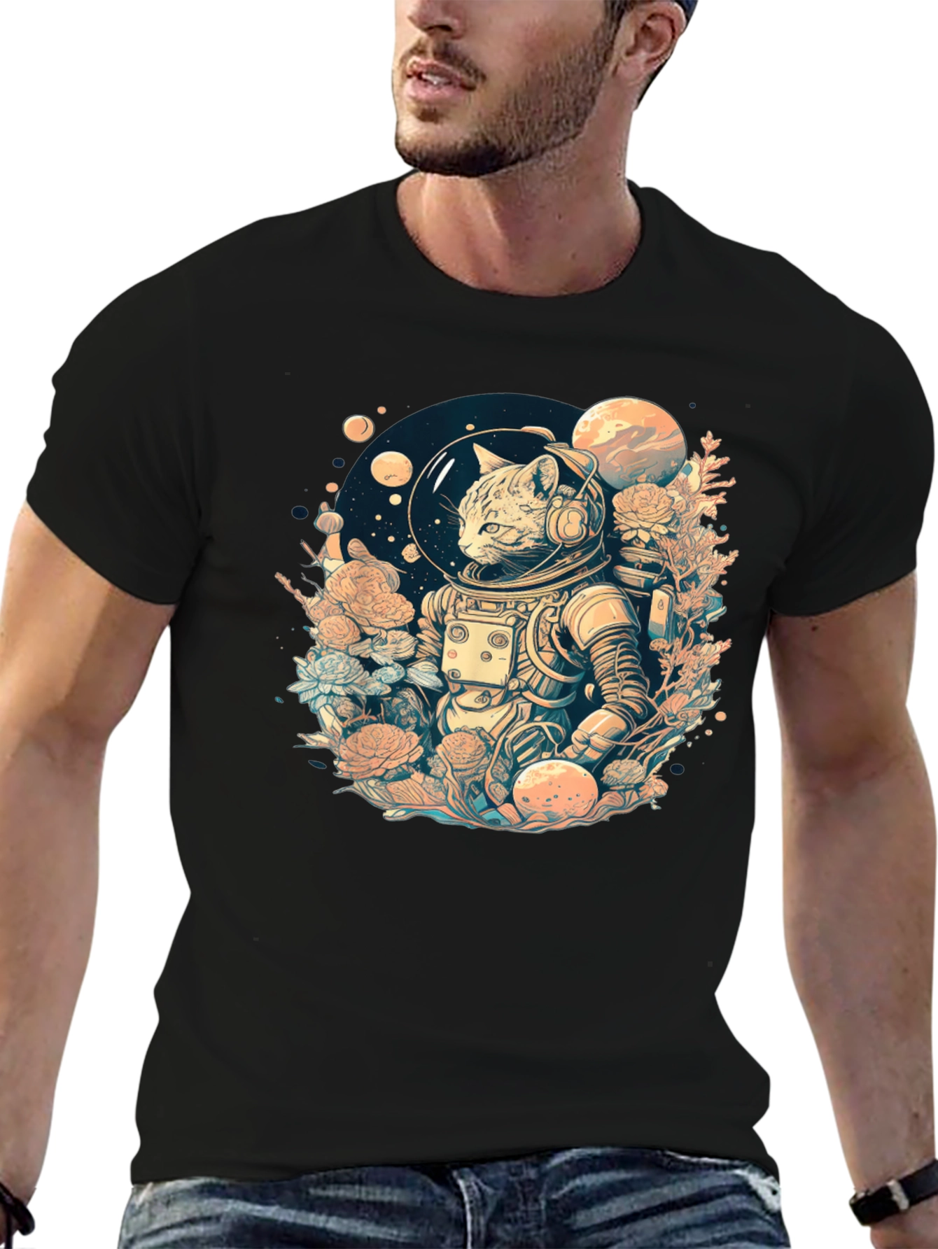 Black Cosmic Cat Astronaut Graphic Tee view 6