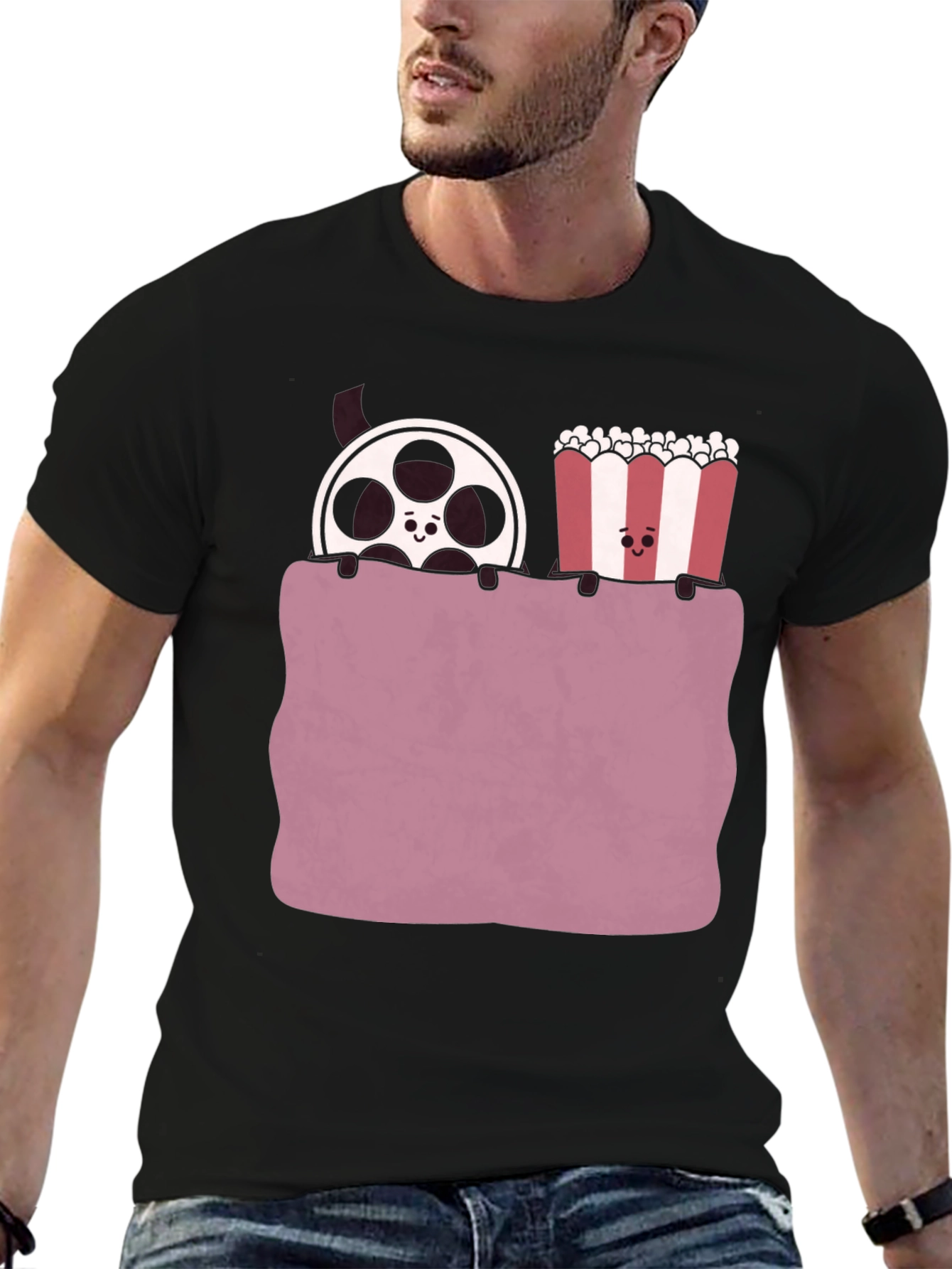 Black Movie Night T-Shirt - Reel & Popcorn Design view 6