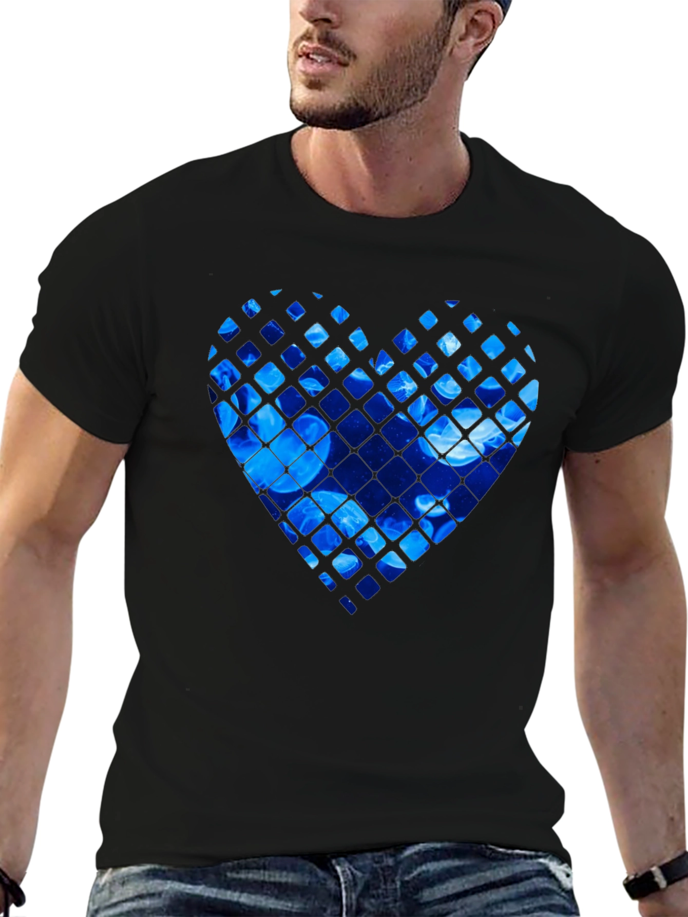 Black Blue Jellyfish Heart Graphic Black T-Shirt view 6
