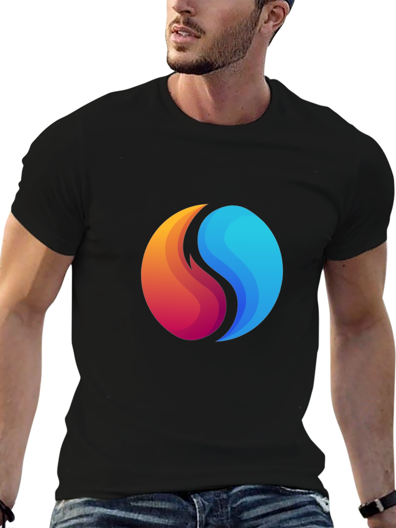 Black Yin Yang Fire and Water Graphic Black T-Shirt view 6